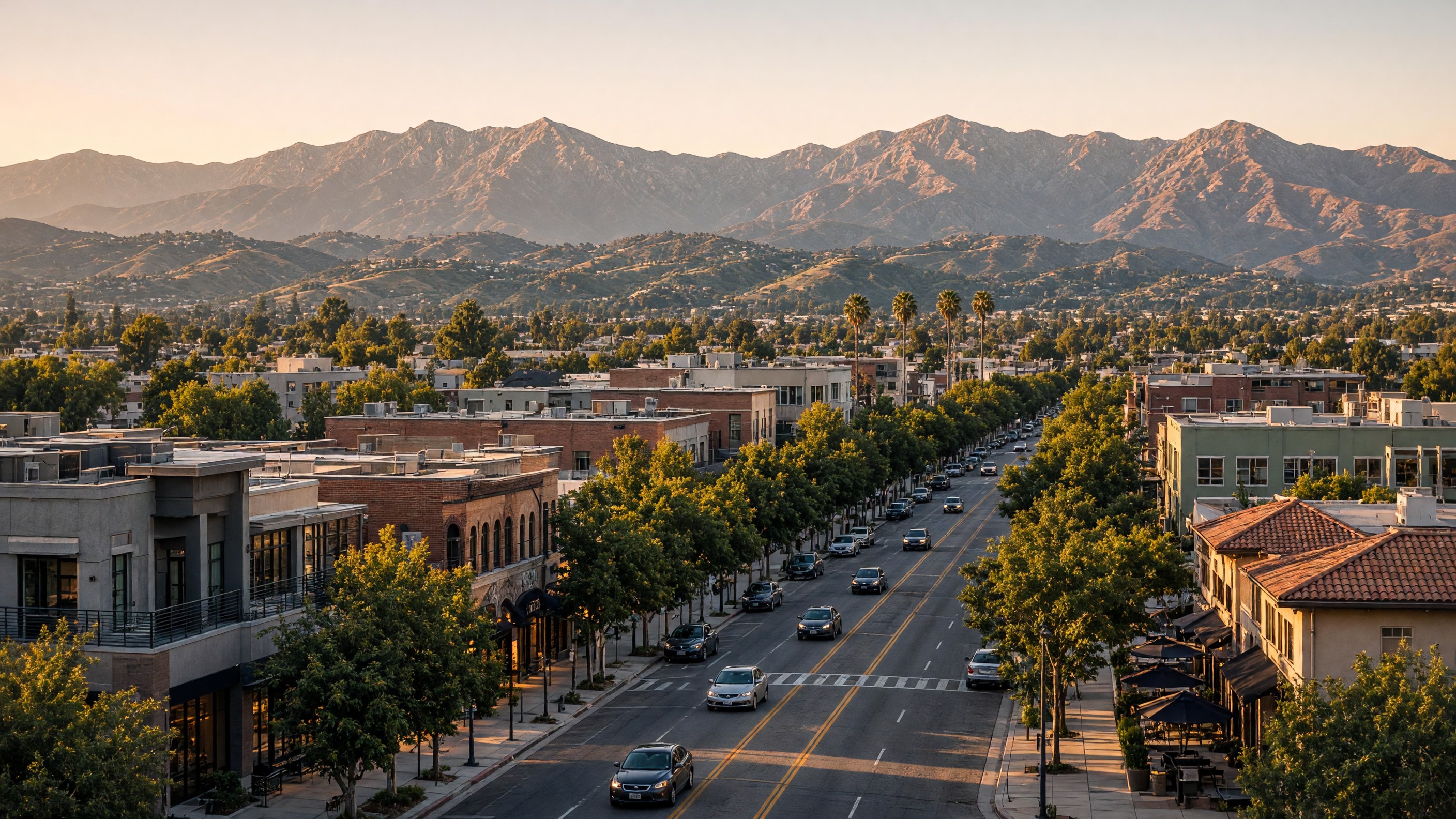 Downtown Santa Clarita with San Gabriel Mountains, Santa Clarita Valley hills in the background