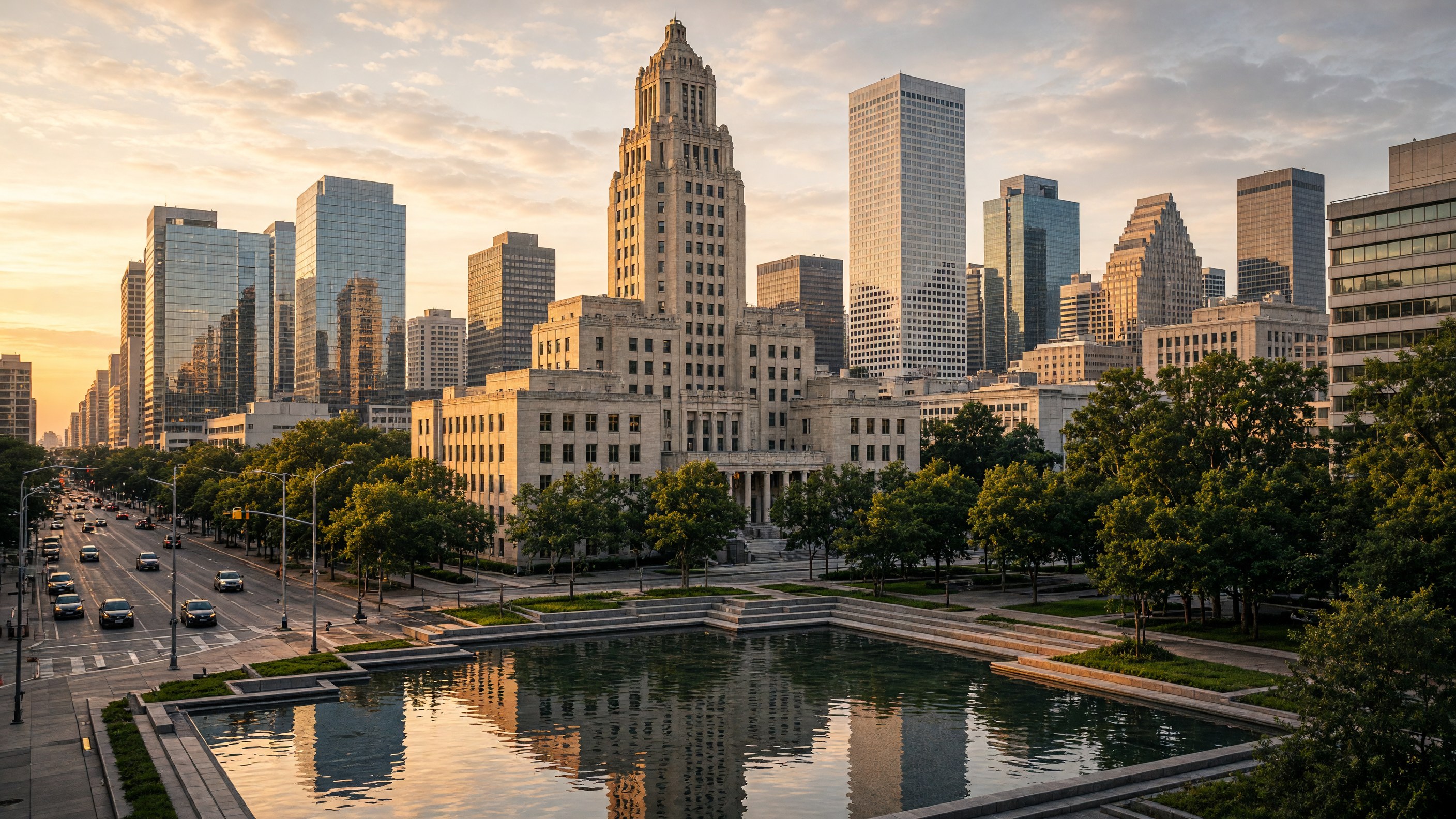 Houston City Hall, Hermann Square reflecting pool, downtown Houston towers in Houston