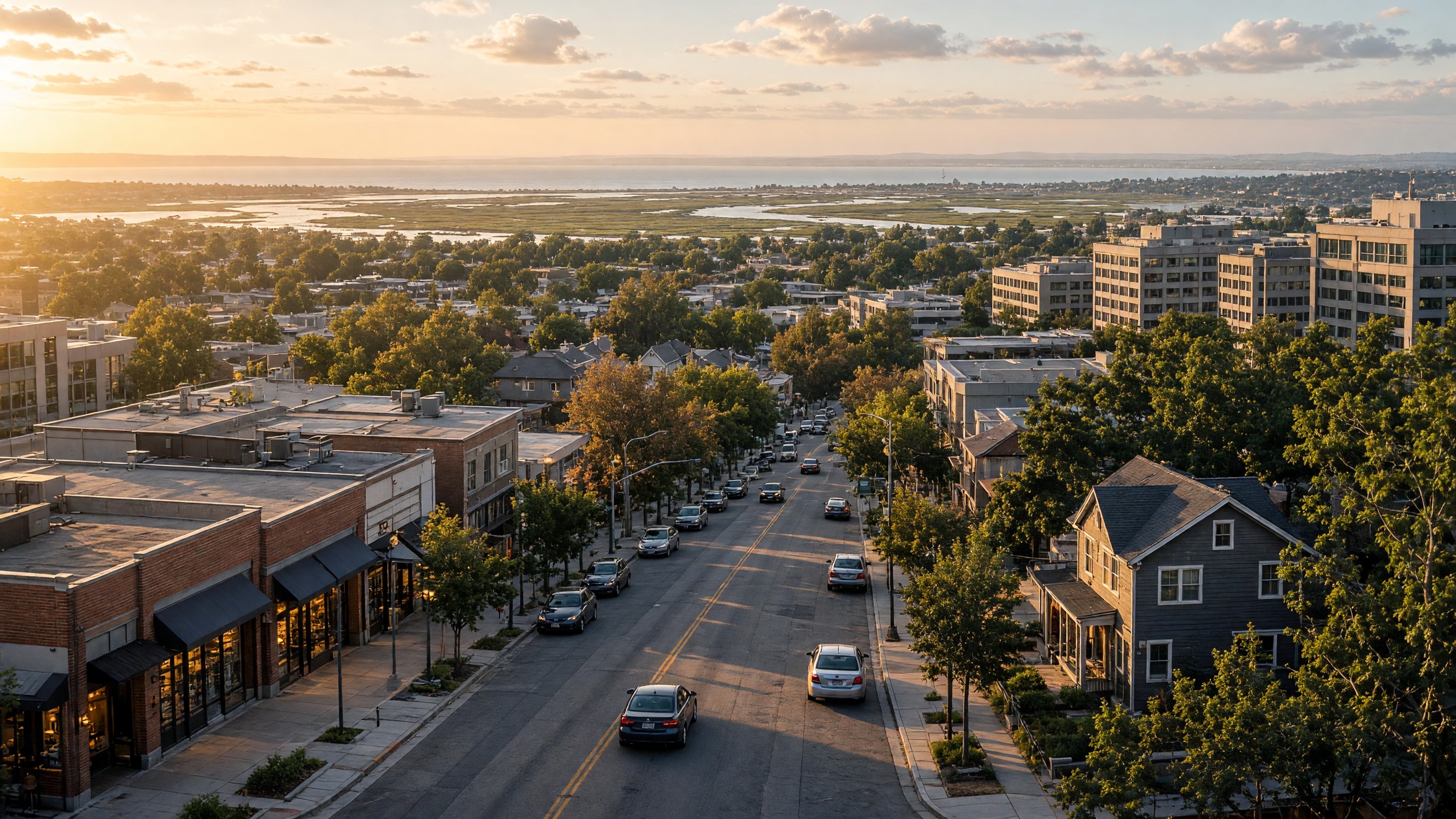 Downtown Palo Alto with Palo Alto Baylands marshland in the background
