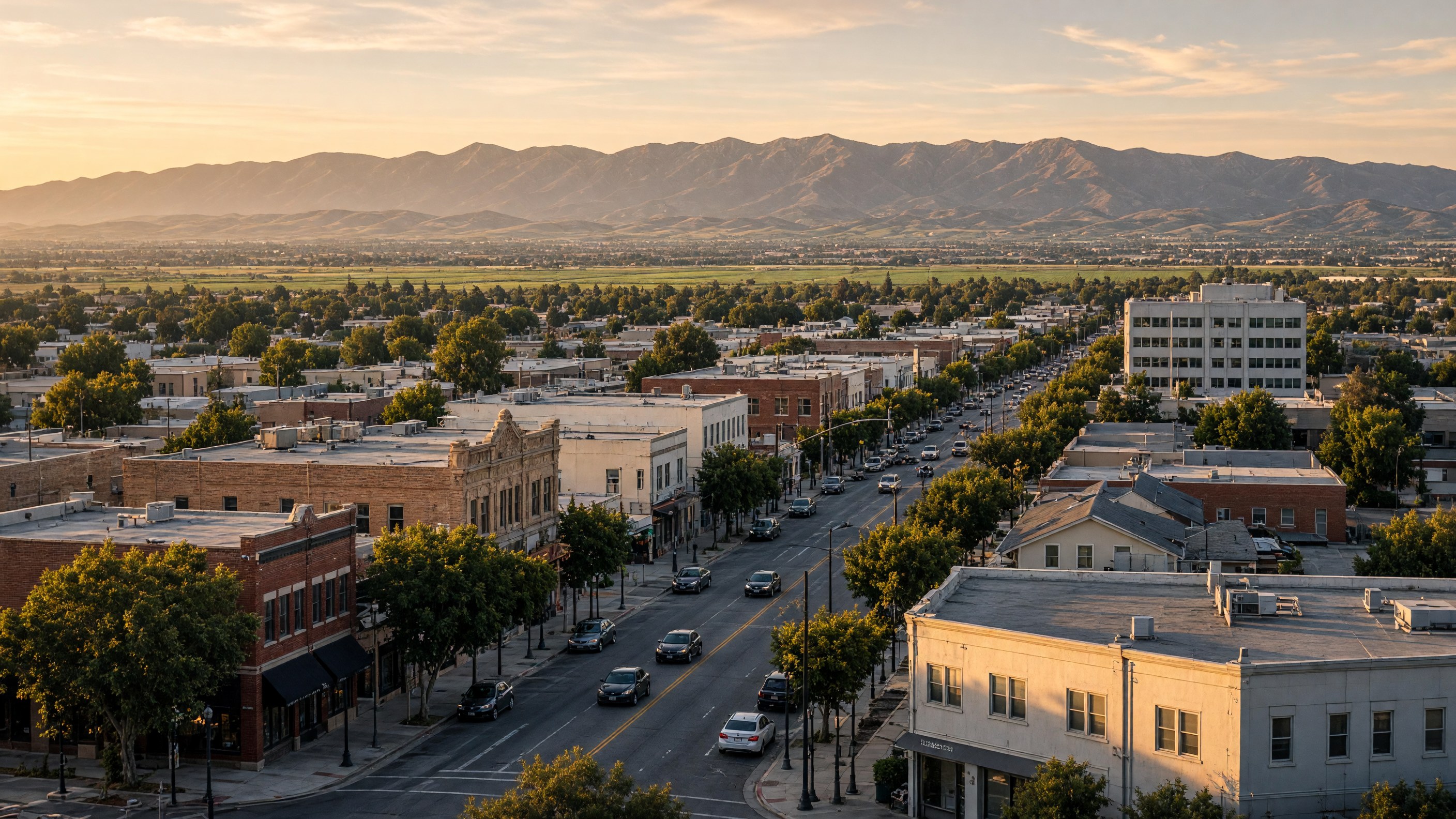 Downtown Salinas with Salinas Valley farmland, Gabilan Range in the background