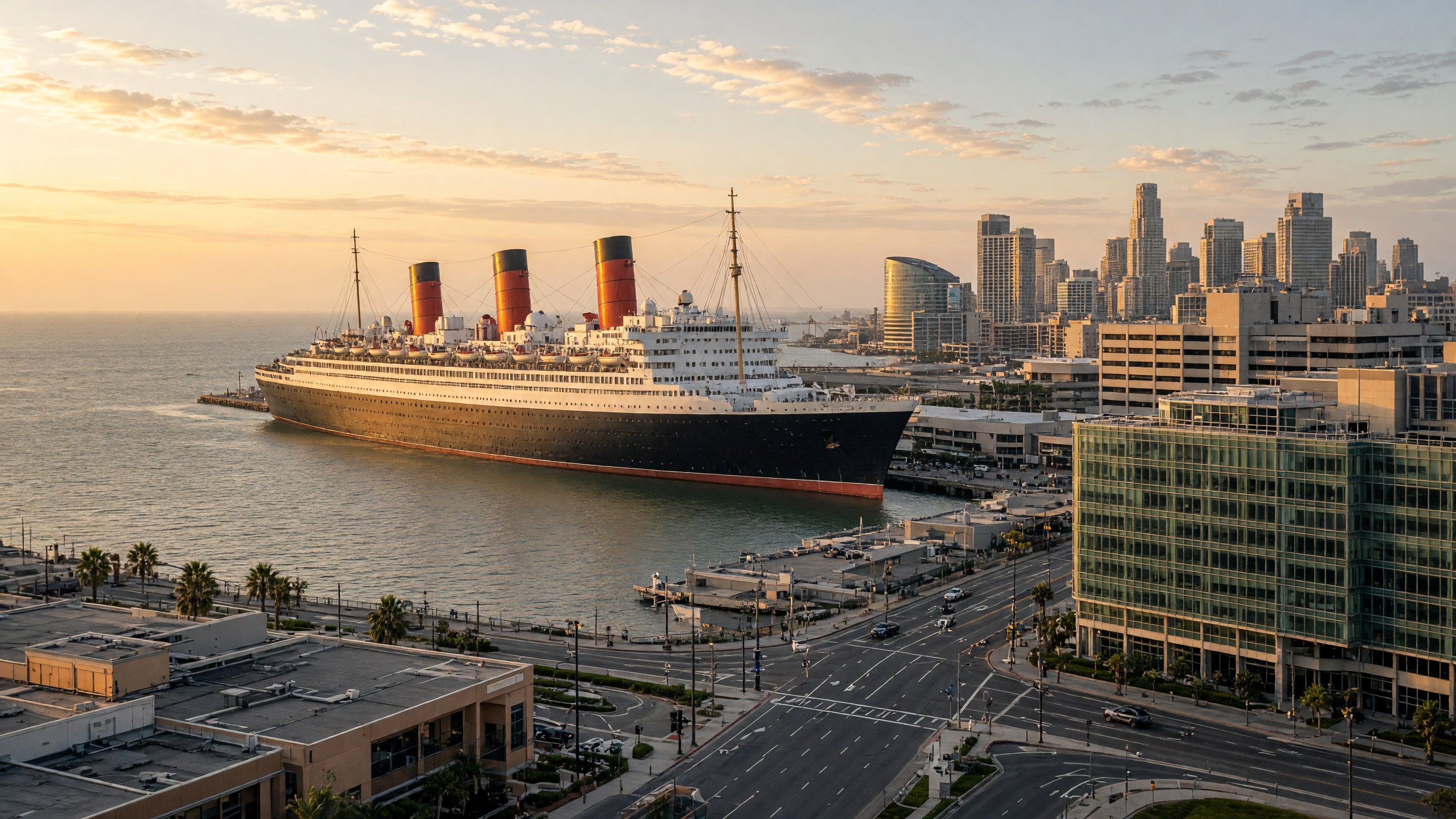 the Queen Mary, Long Beach waterfront in Long Beach