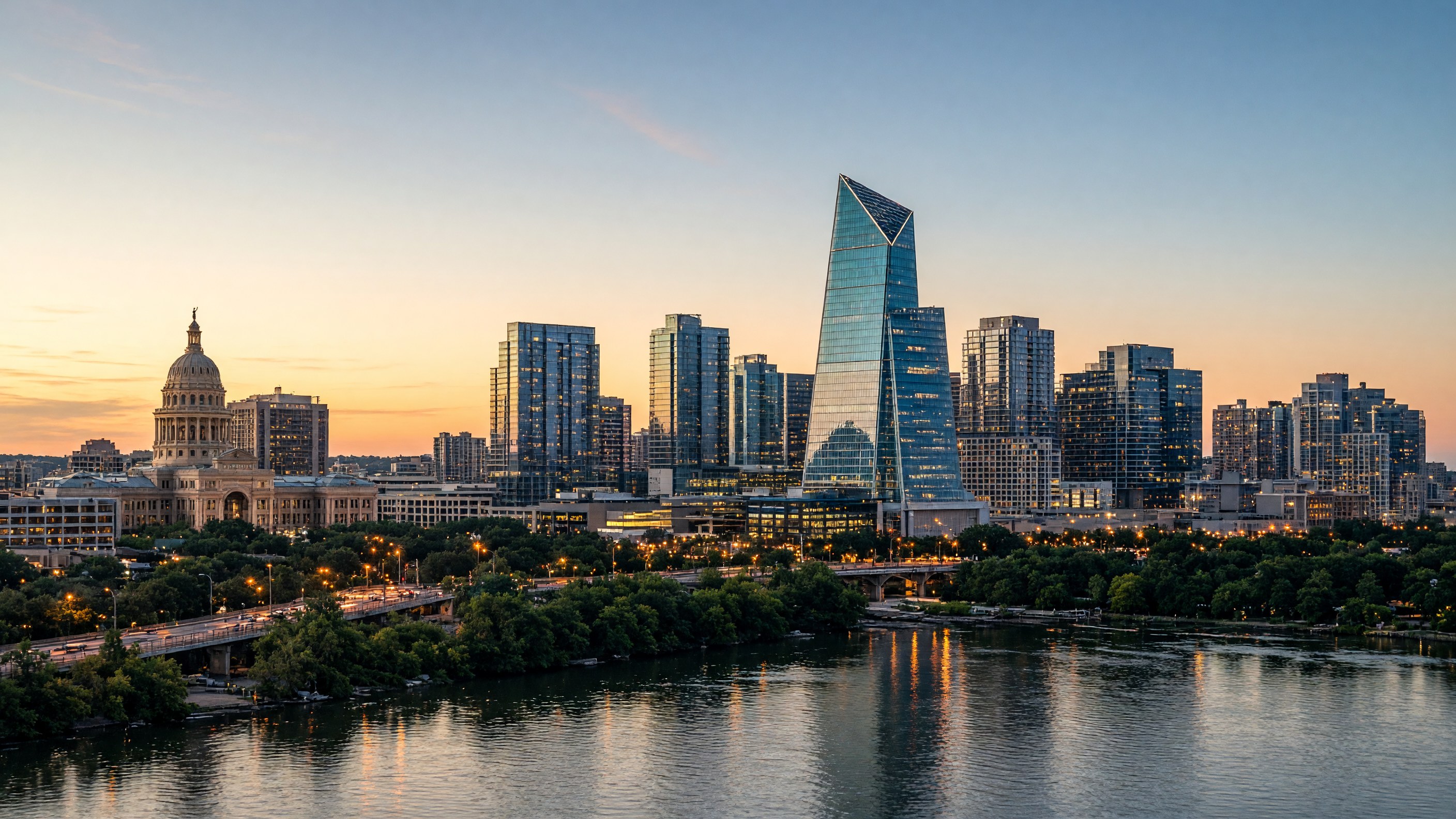 Austin skyline at dusk, with Texas State Capitol, Frost Bank Tower, Lady Bird Lake