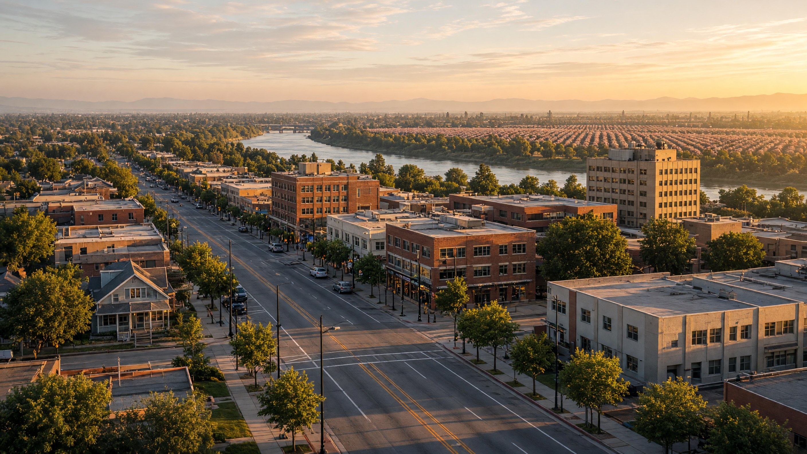 Downtown Modesto with Tuolumne River, almond orchards in the background