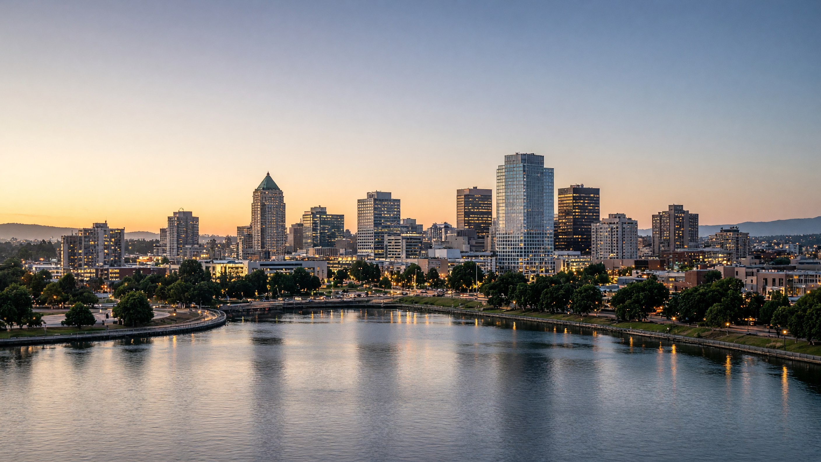 Oakland skyline at dusk, with Lake Merritt, downtown Oakland