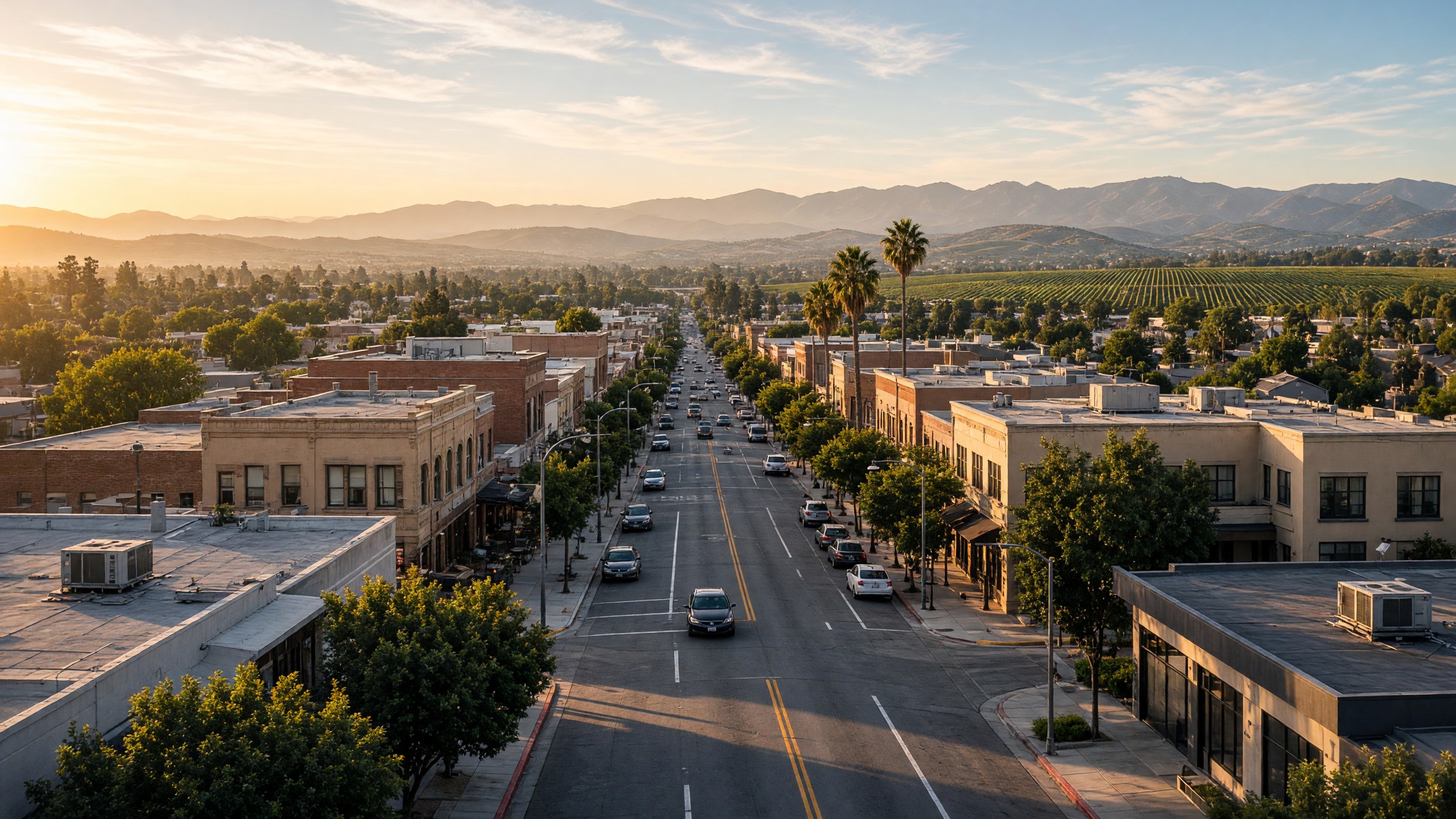 Downtown Santa Maria with Santa Maria Valley vineyards in the background