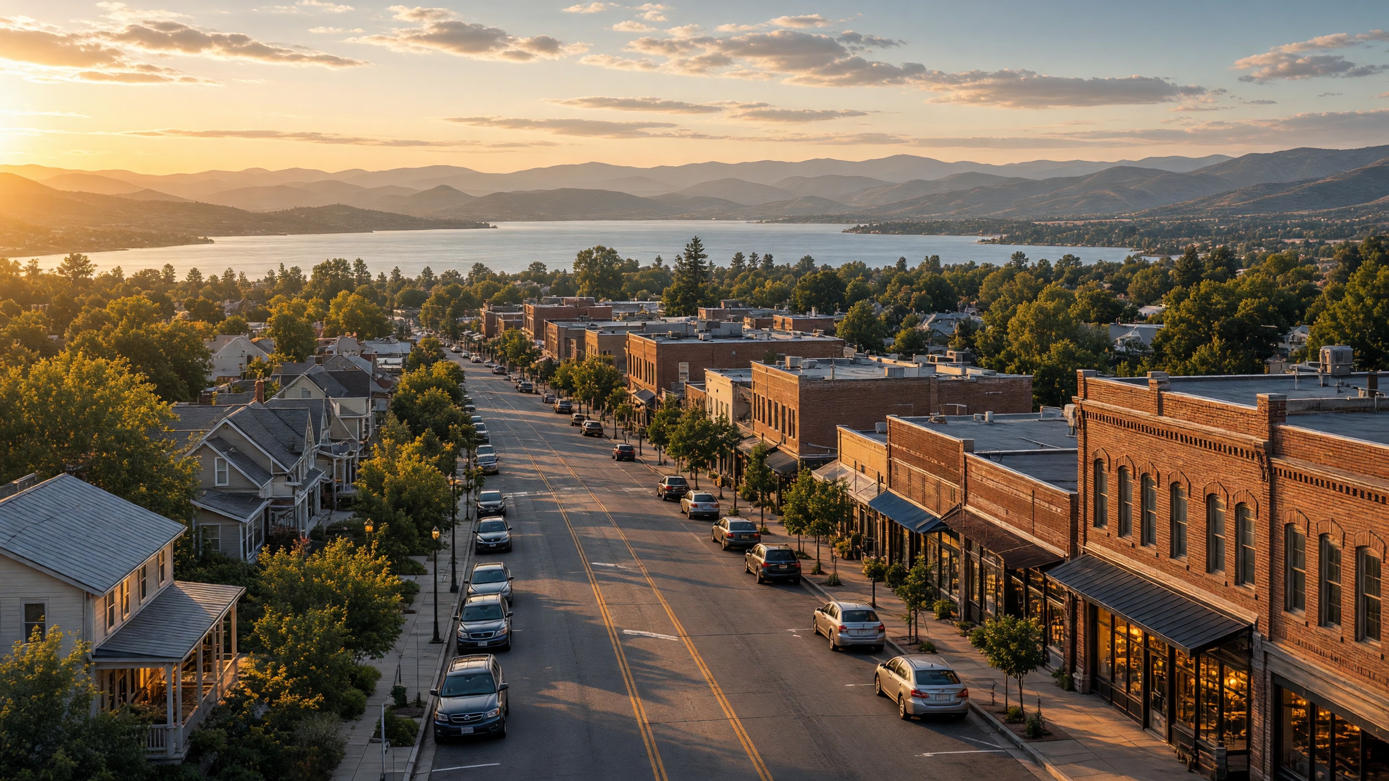 Downtown Folsom with Folsom Lake, Sierra Nevada foothills in the background