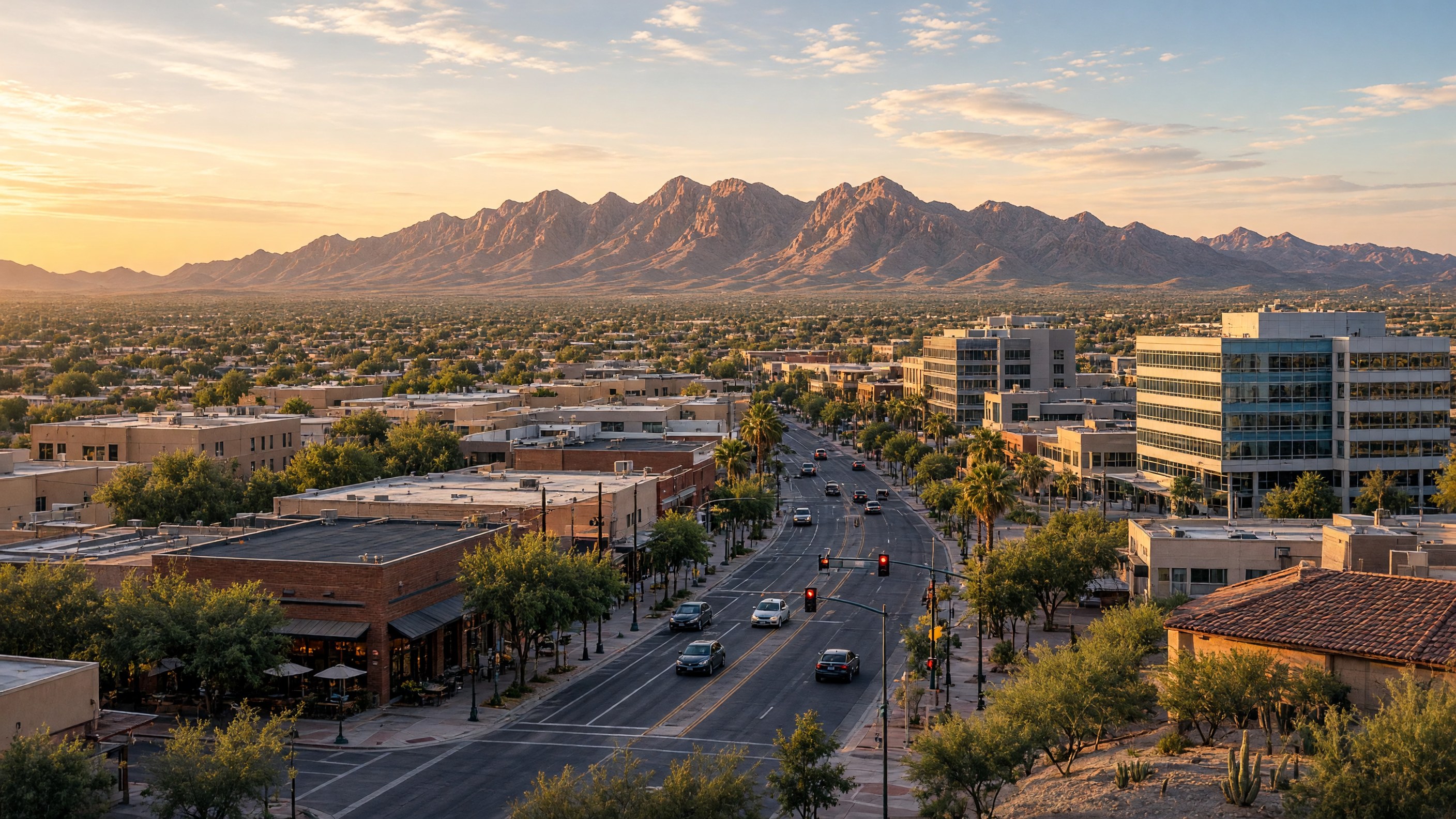 Downtown Mesa with Superstition Mountains, Sonoran Desert in the background