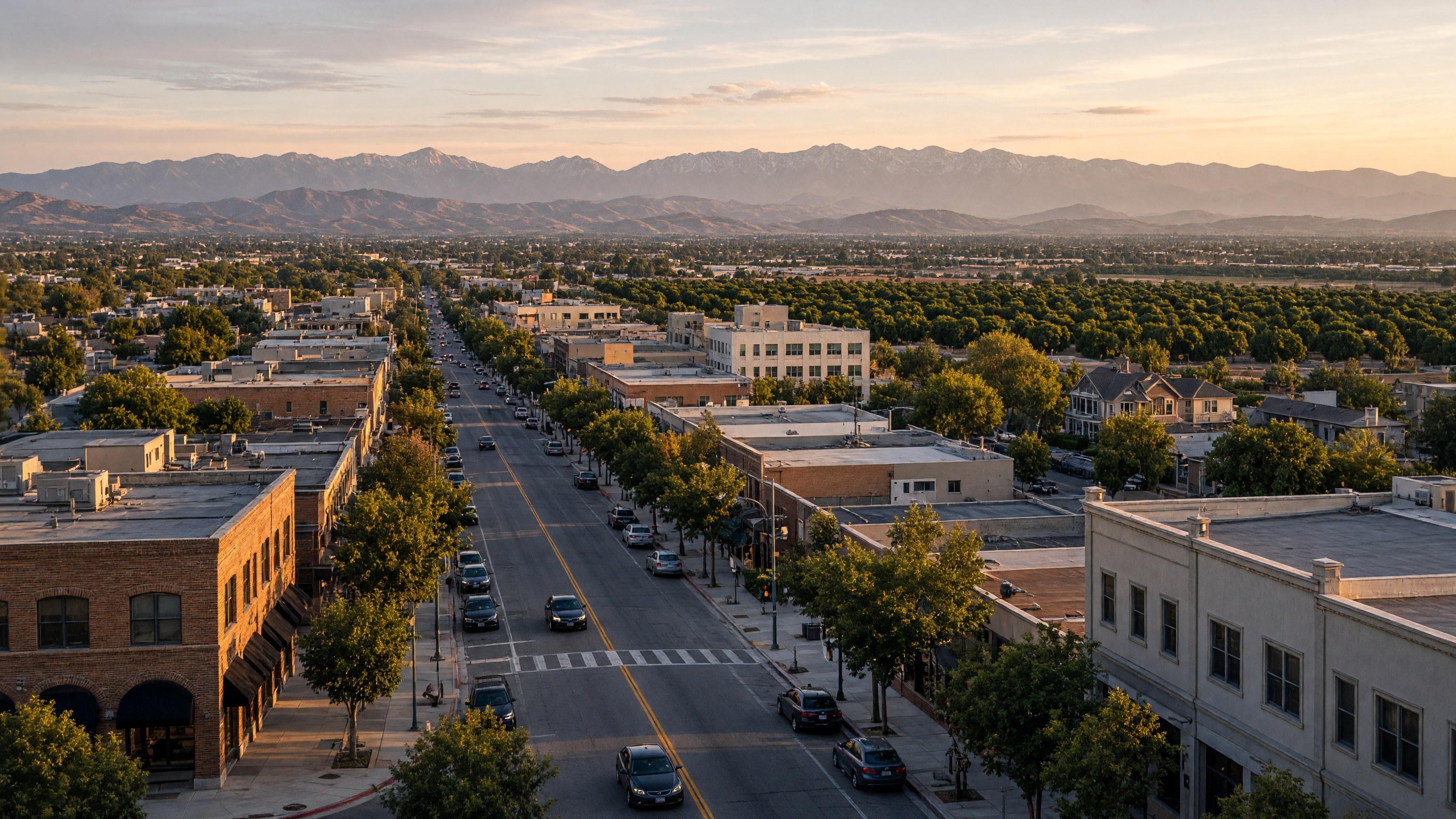 Downtown Visalia with citrus orchards, Sierra Nevada foothills in the background