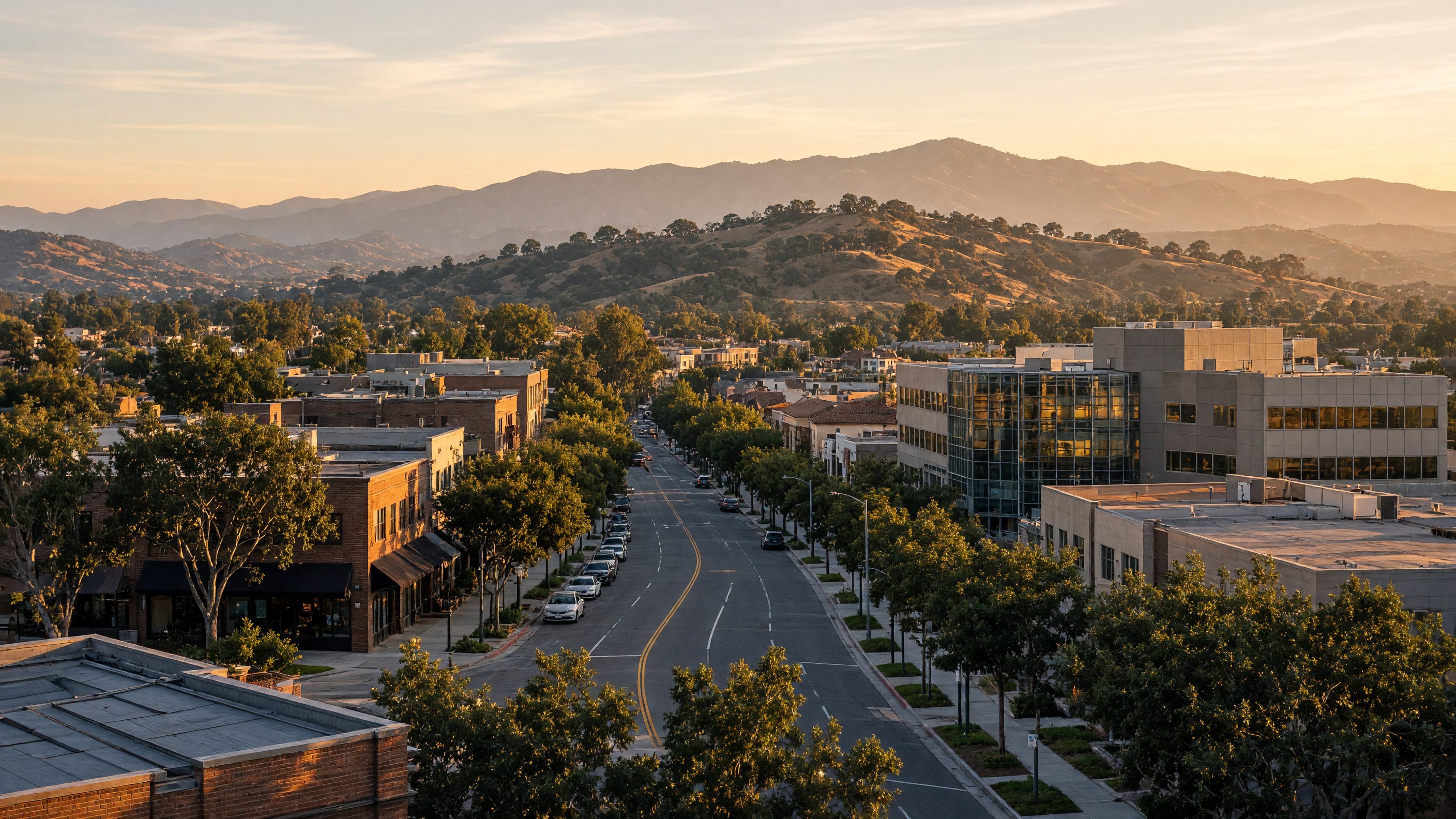 Downtown Thousand Oaks with Santa Monica Mountains, oak-covered hills in the background