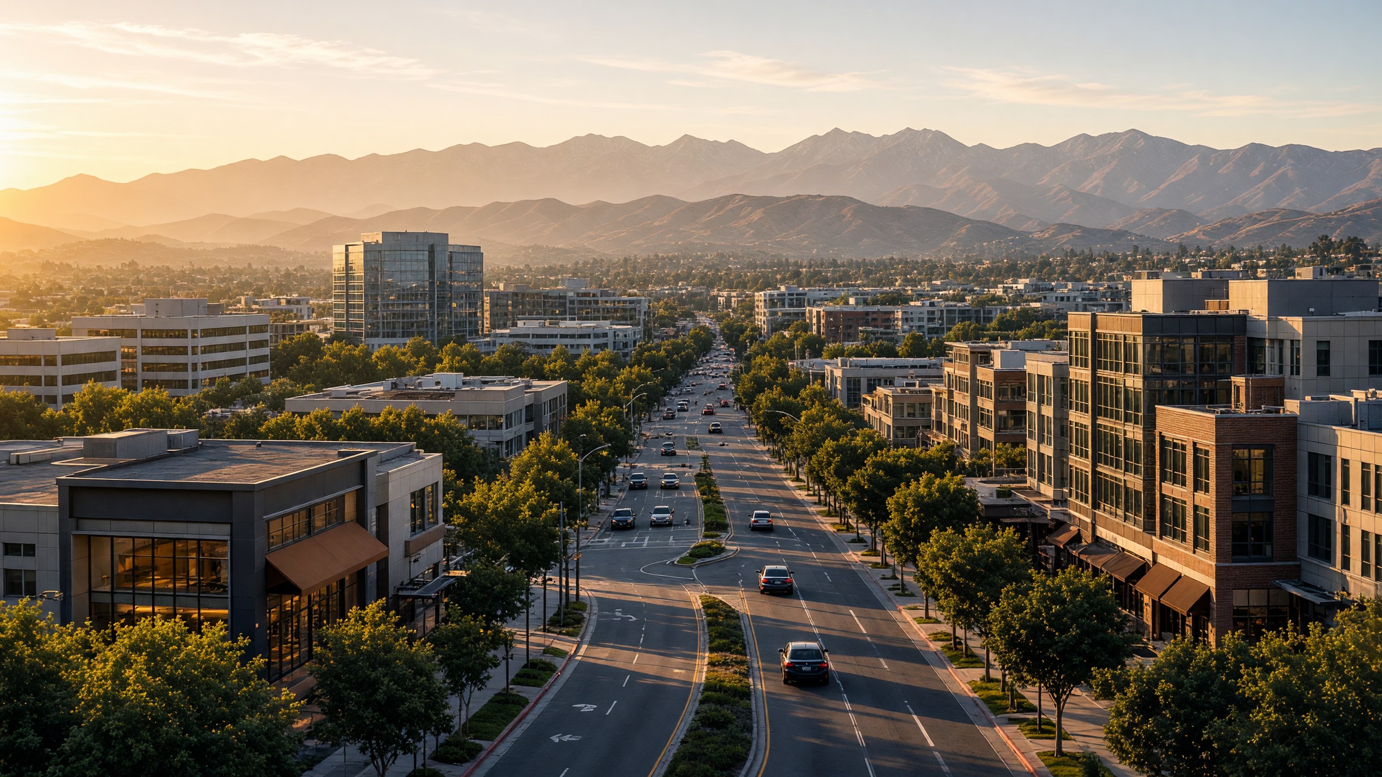Downtown Irvine with Santa Ana Mountains, rolling hills in the background