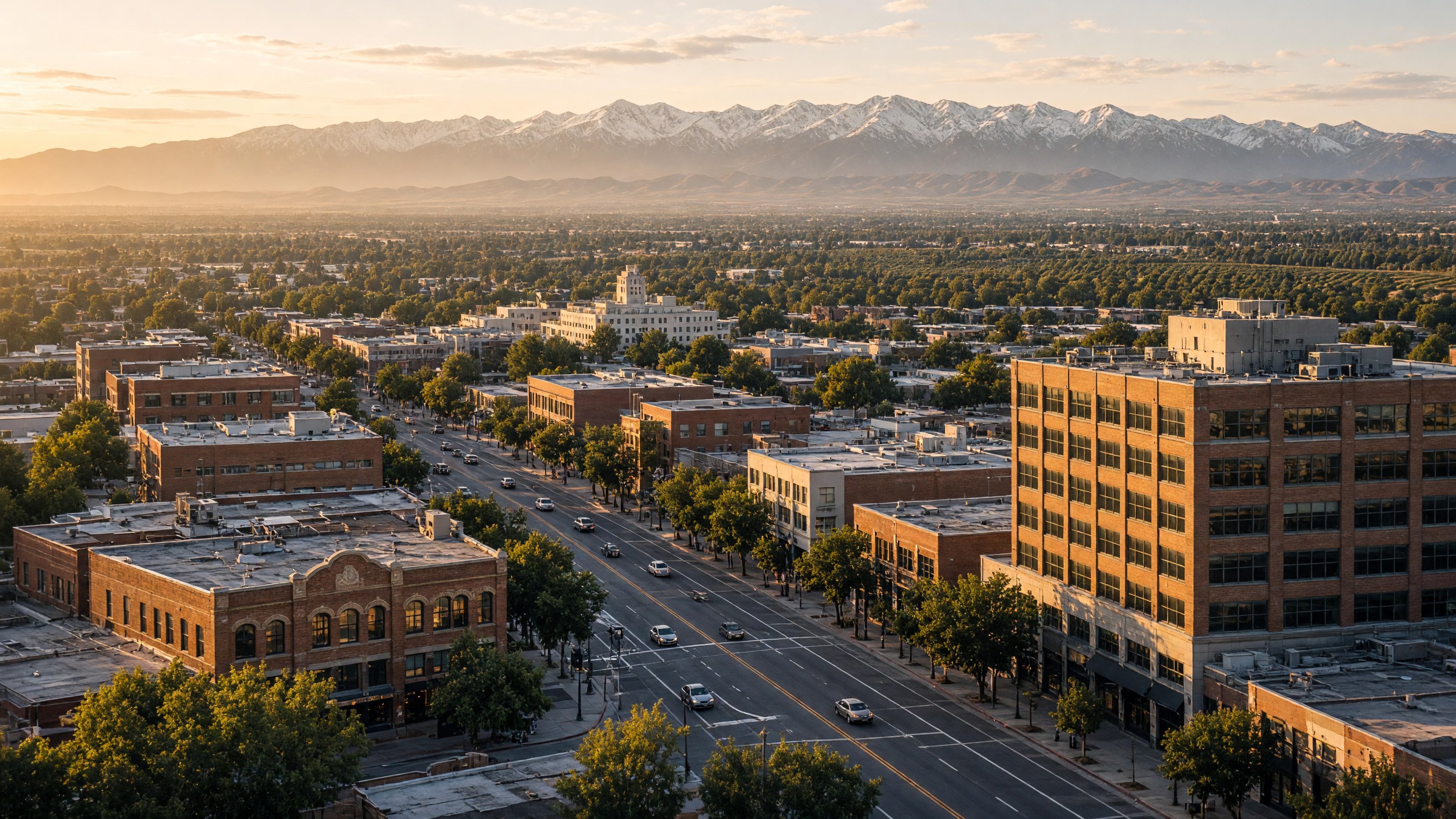 Downtown Fresno with San Joaquin Valley orchards and vineyards, Sierra Nevada in the distance in the background