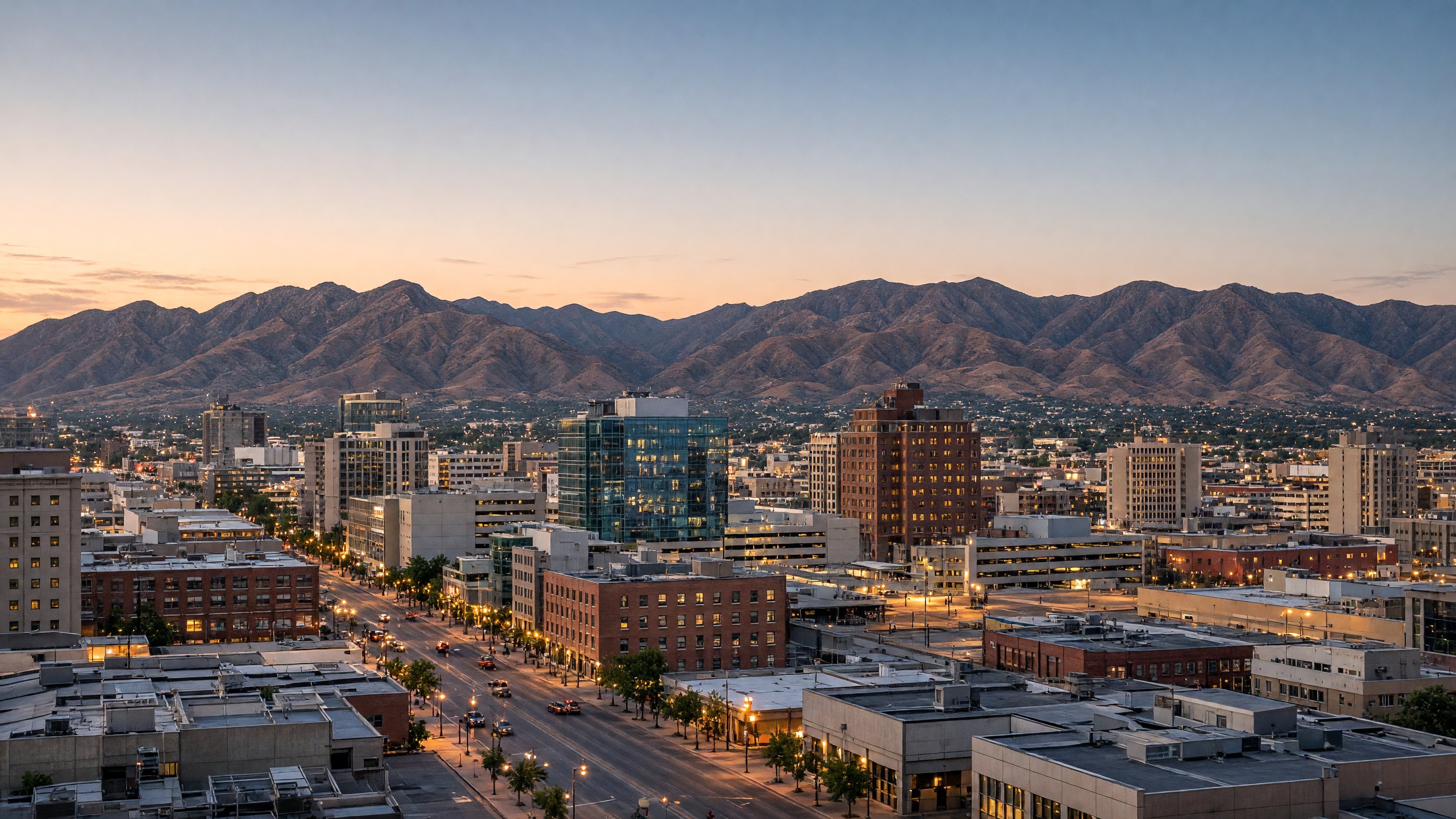 El Paso skyline at dusk, with downtown El Paso, Franklin Mountains