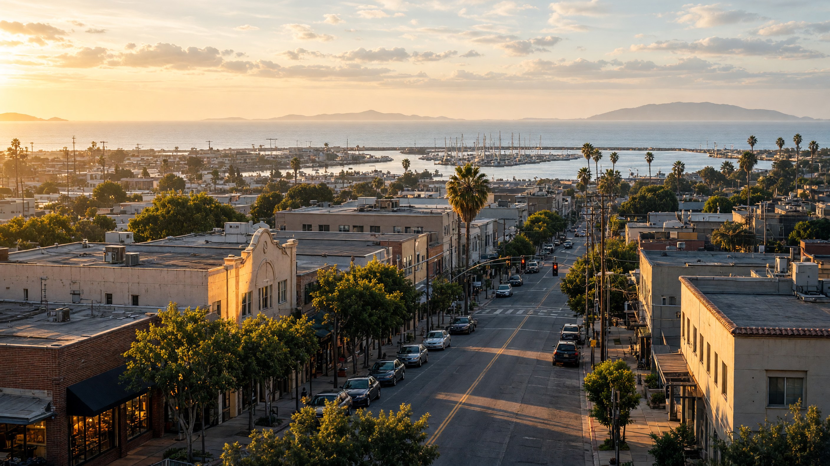 Downtown Oxnard with Channel Islands Harbor, Pacific coastline in the background
