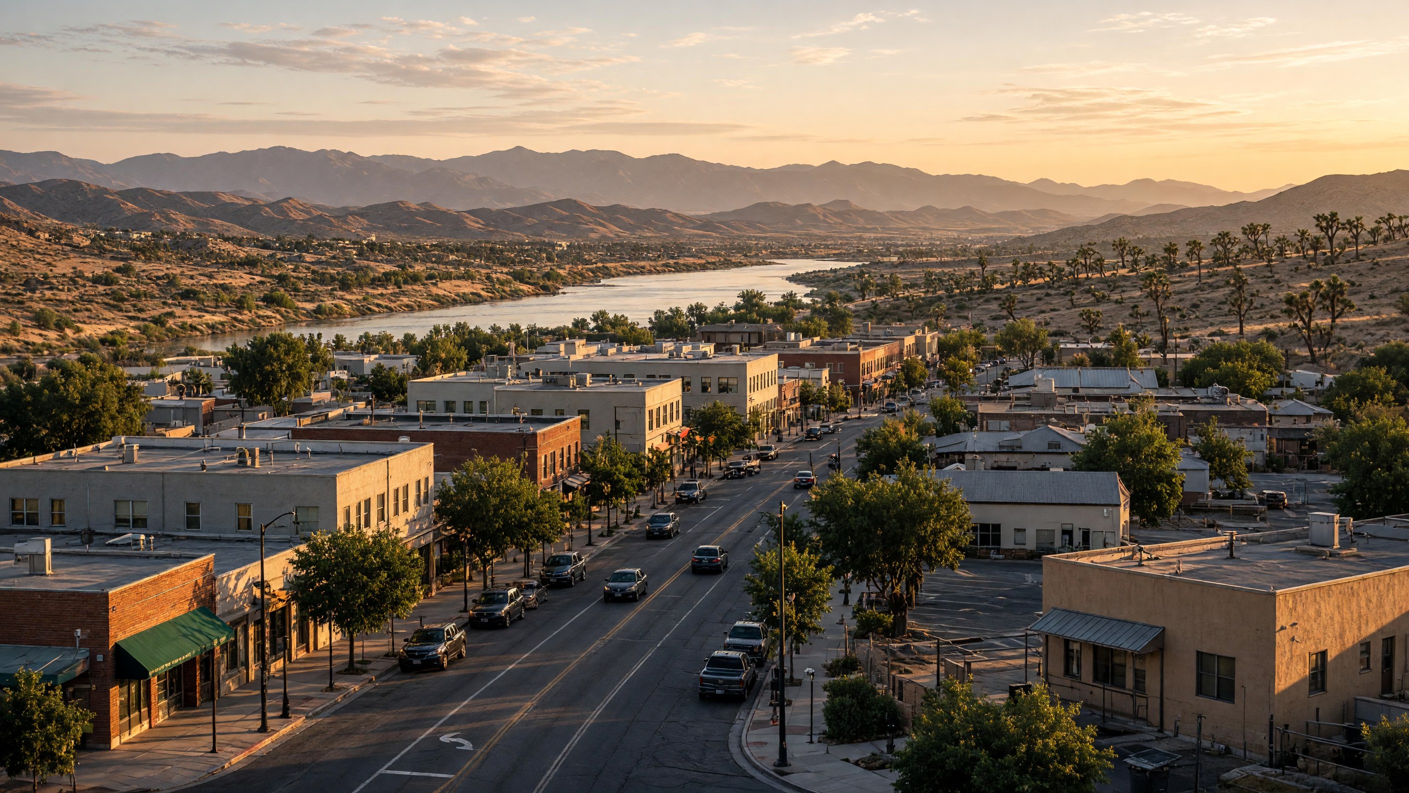 Downtown Victorville with Mojave Desert, Joshua trees, Mojave River in the background
