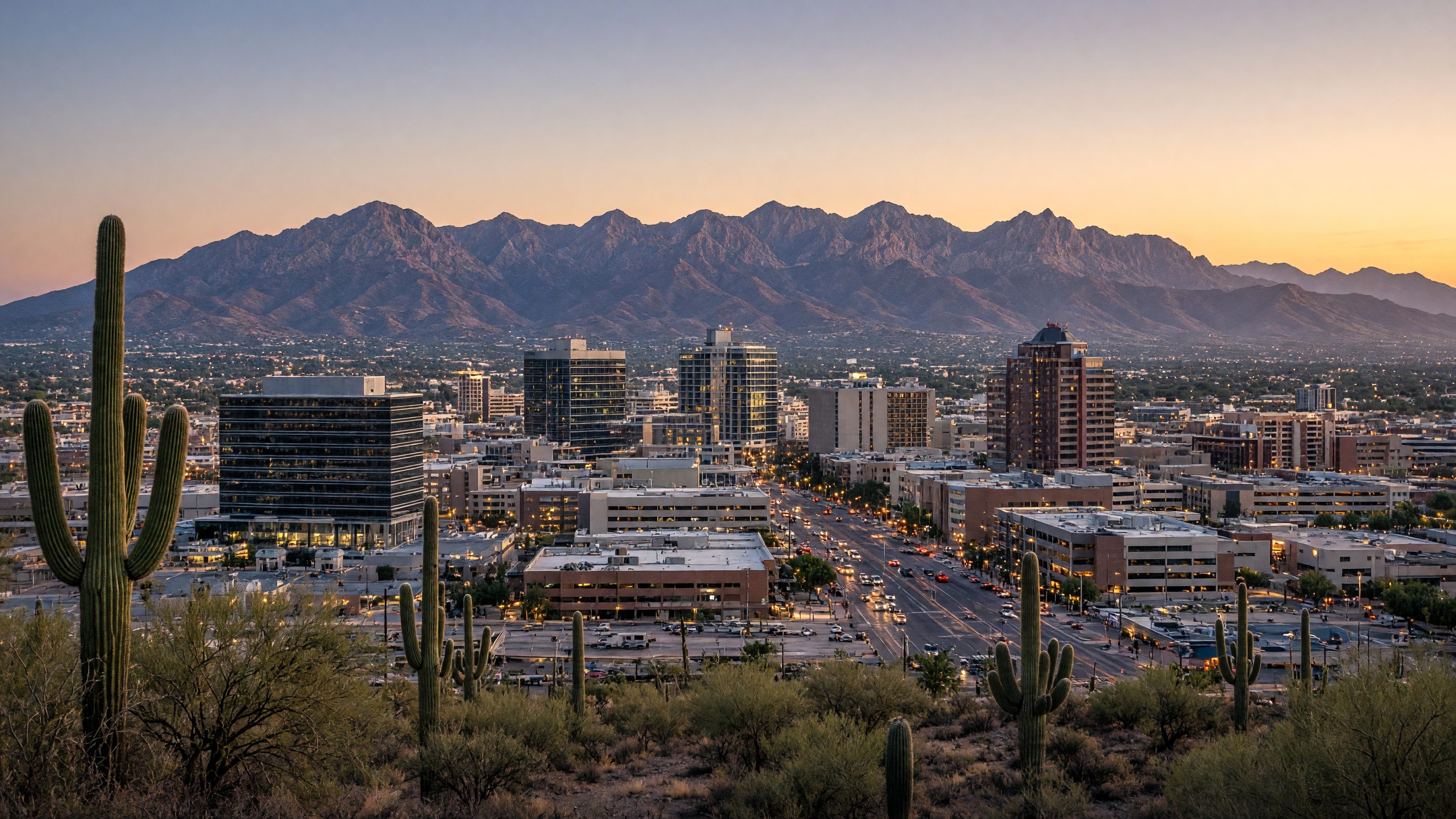 Tucson skyline at dusk, with downtown Tucson, Santa Catalina Mountains, saguaro cacti