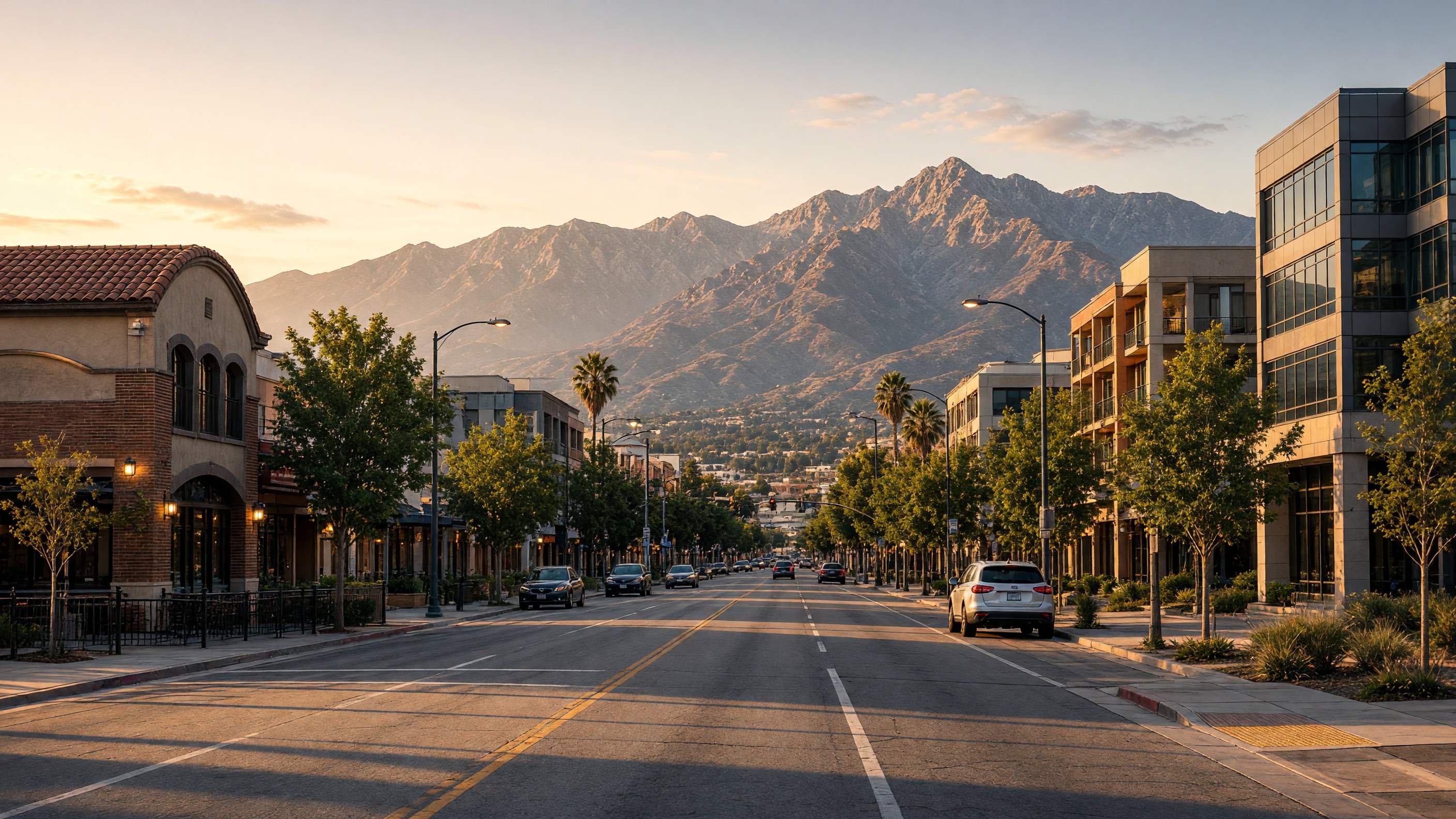Downtown Rancho Cucamonga with Cucamonga Peak, San Gabriel Mountains in the background