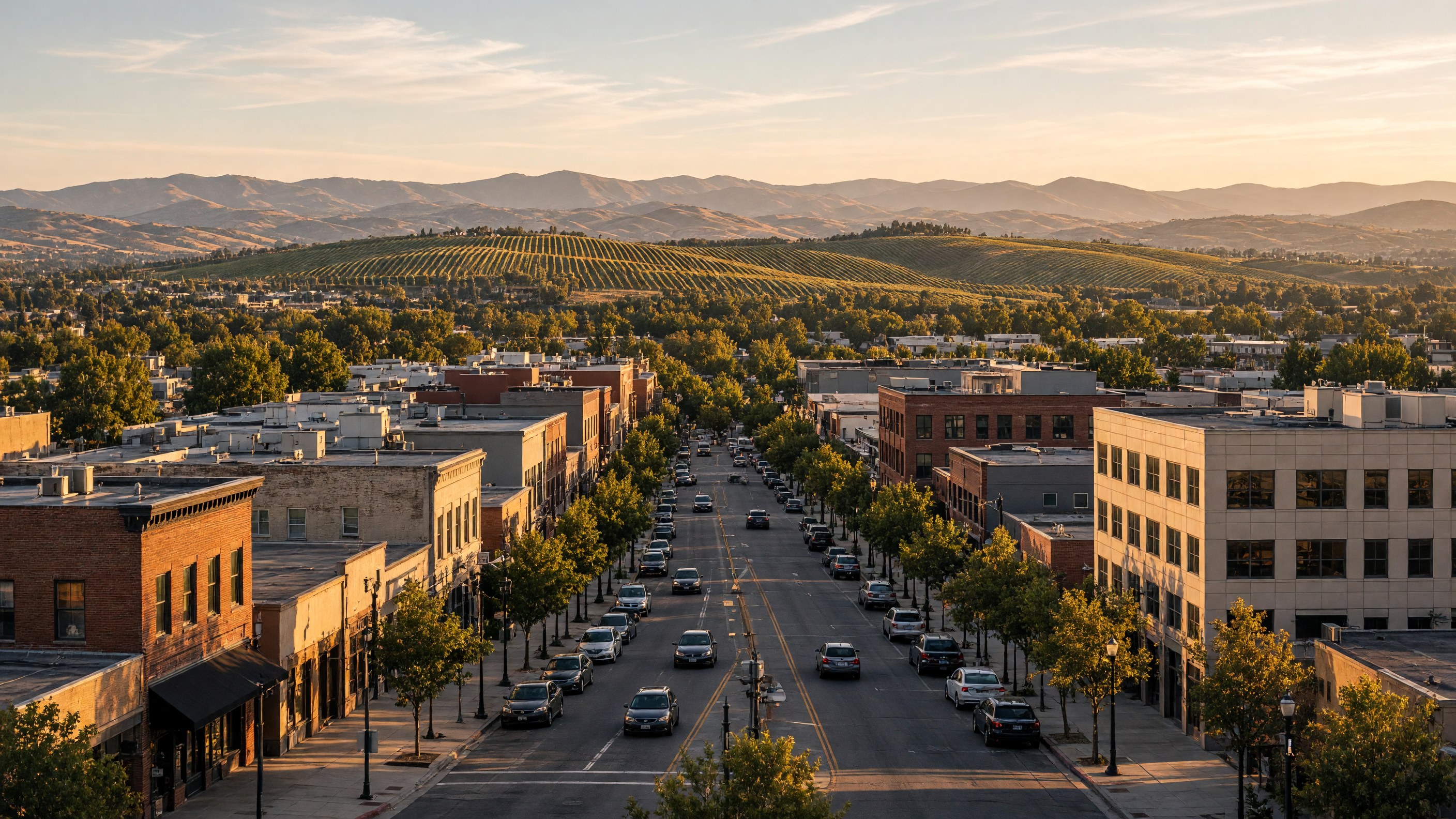 Downtown Fairfield with Suisun Valley vineyards in the background