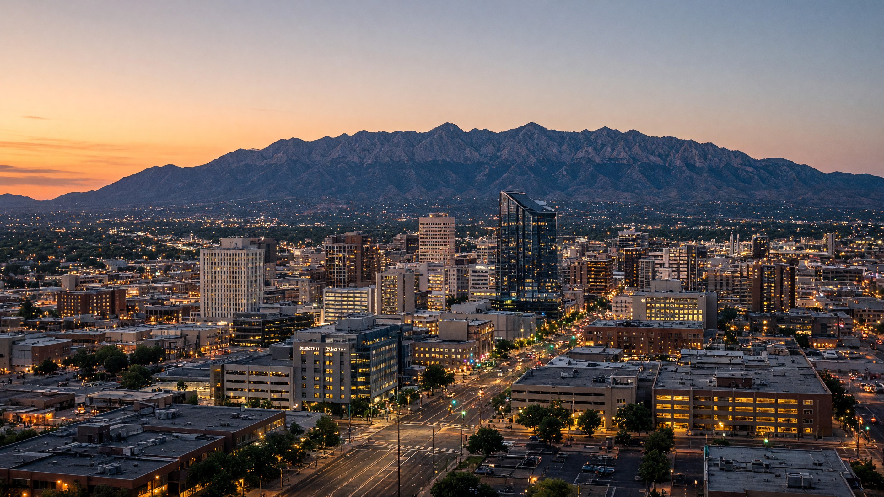 Albuquerque skyline at dusk, with downtown Albuquerque, Sandia Mountains