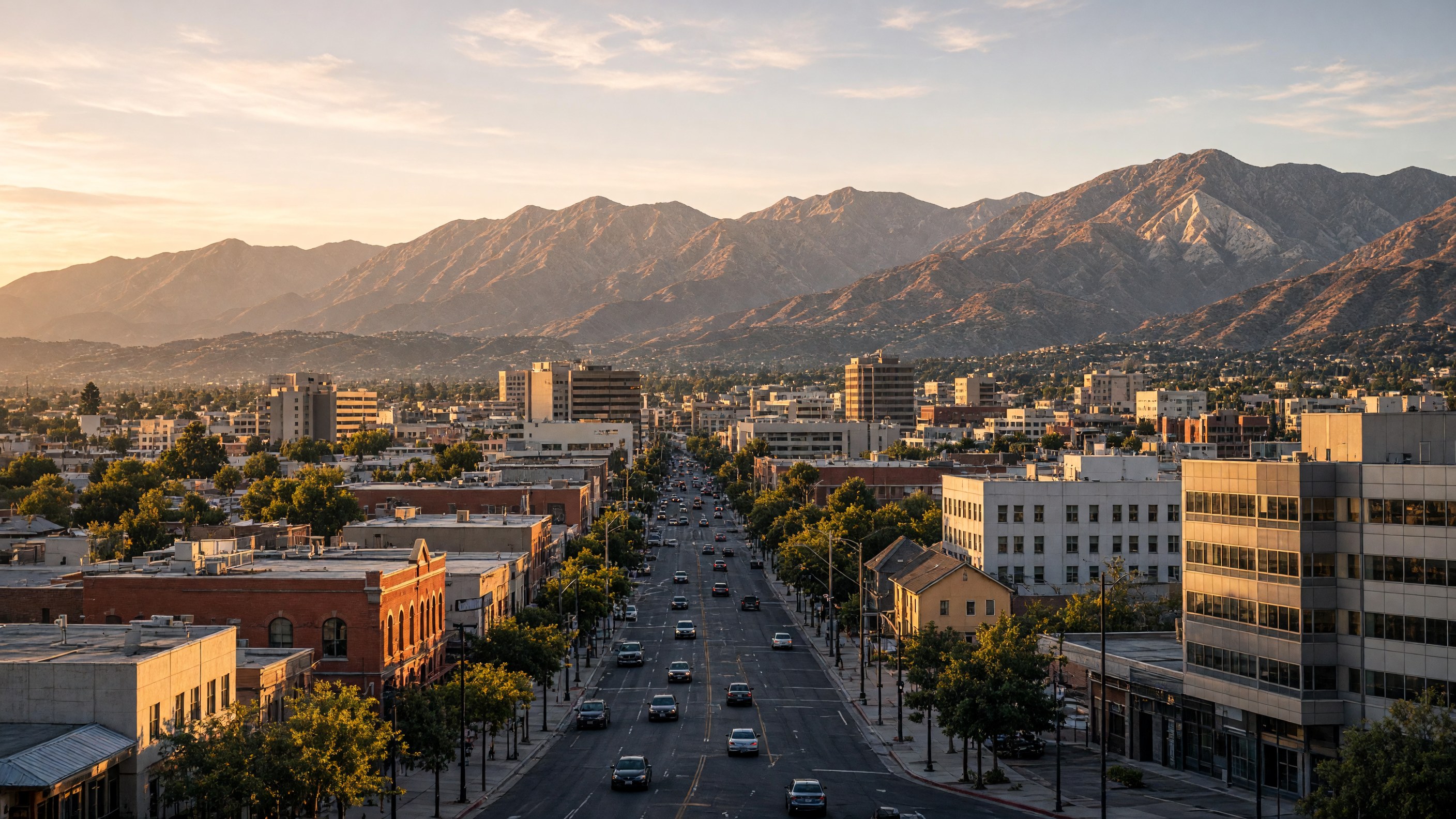 Downtown San Bernardino with San Bernardino Mountains, the Arrowhead on the mountainside in the background