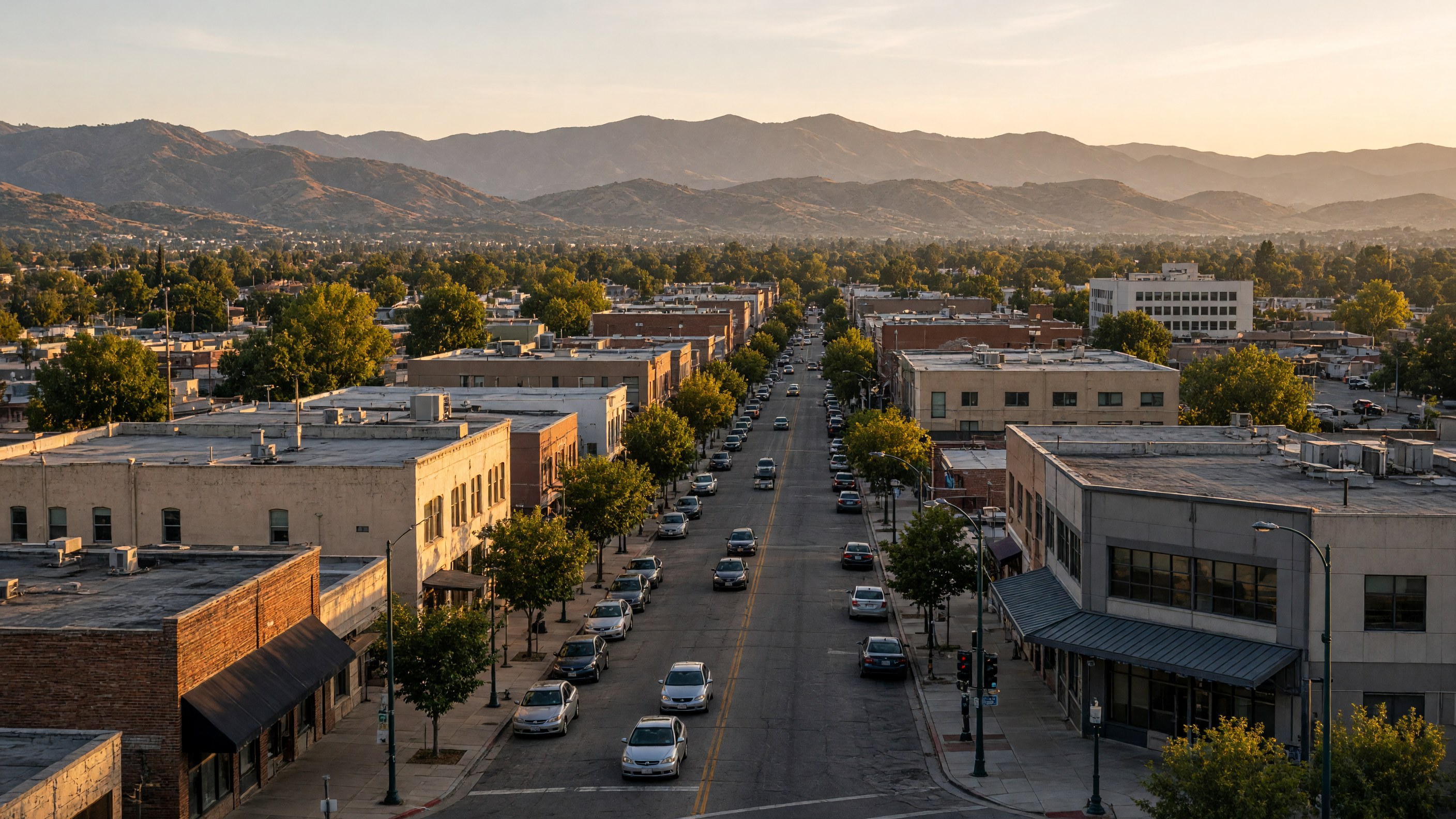 Downtown Porterville with Sierra Nevada foothills in the background