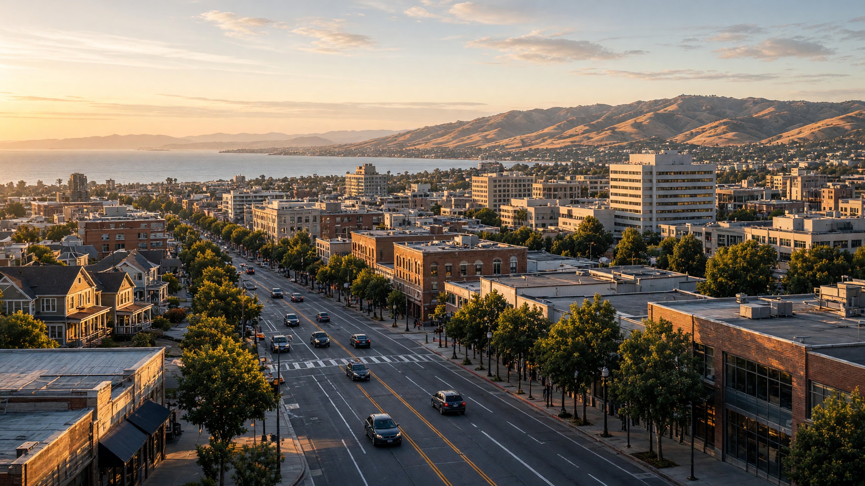 Downtown Hayward with Hayward hills, San Francisco Bay in the background