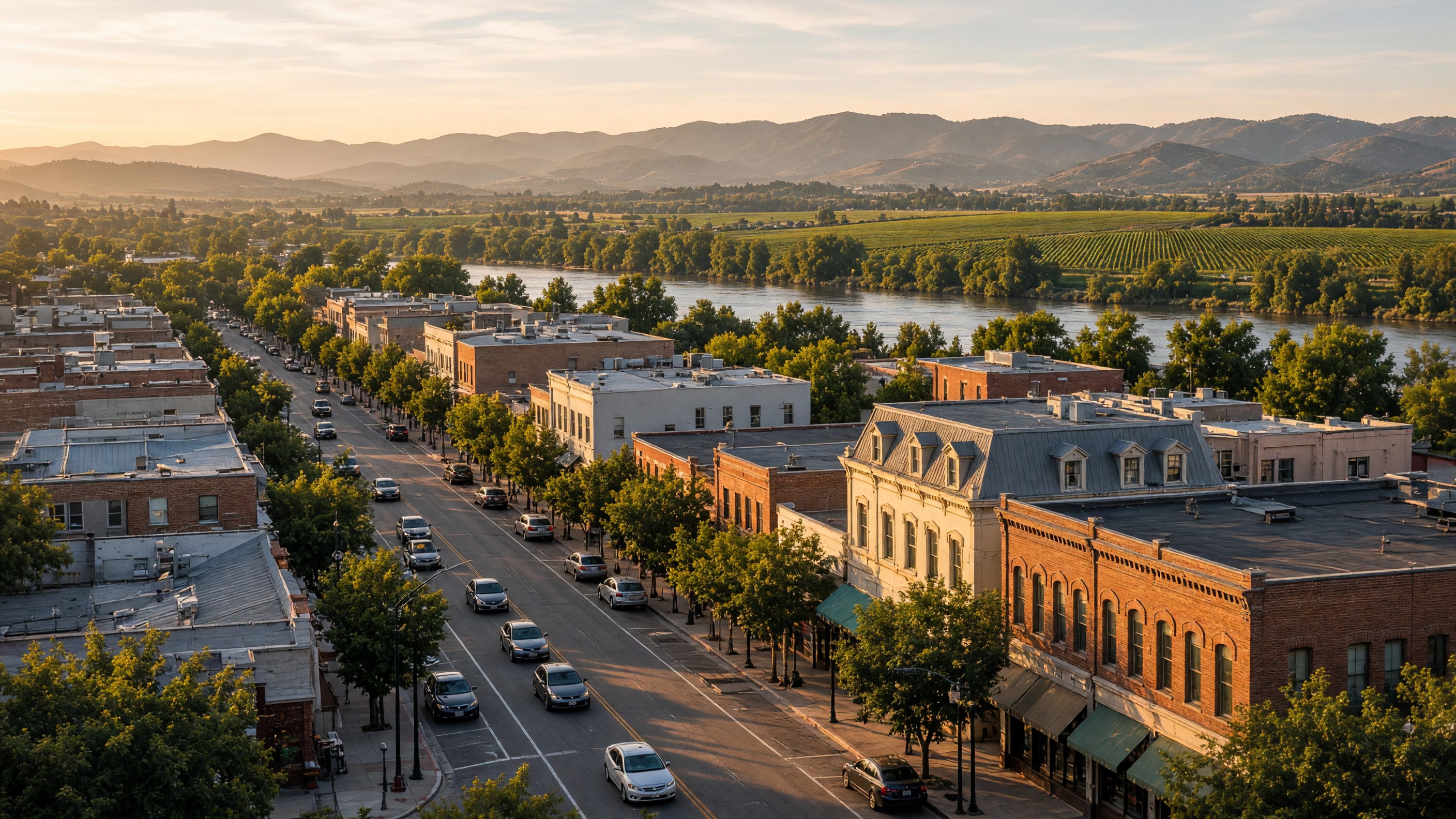 Downtown Napa with Napa Valley vineyards, Napa River in the background