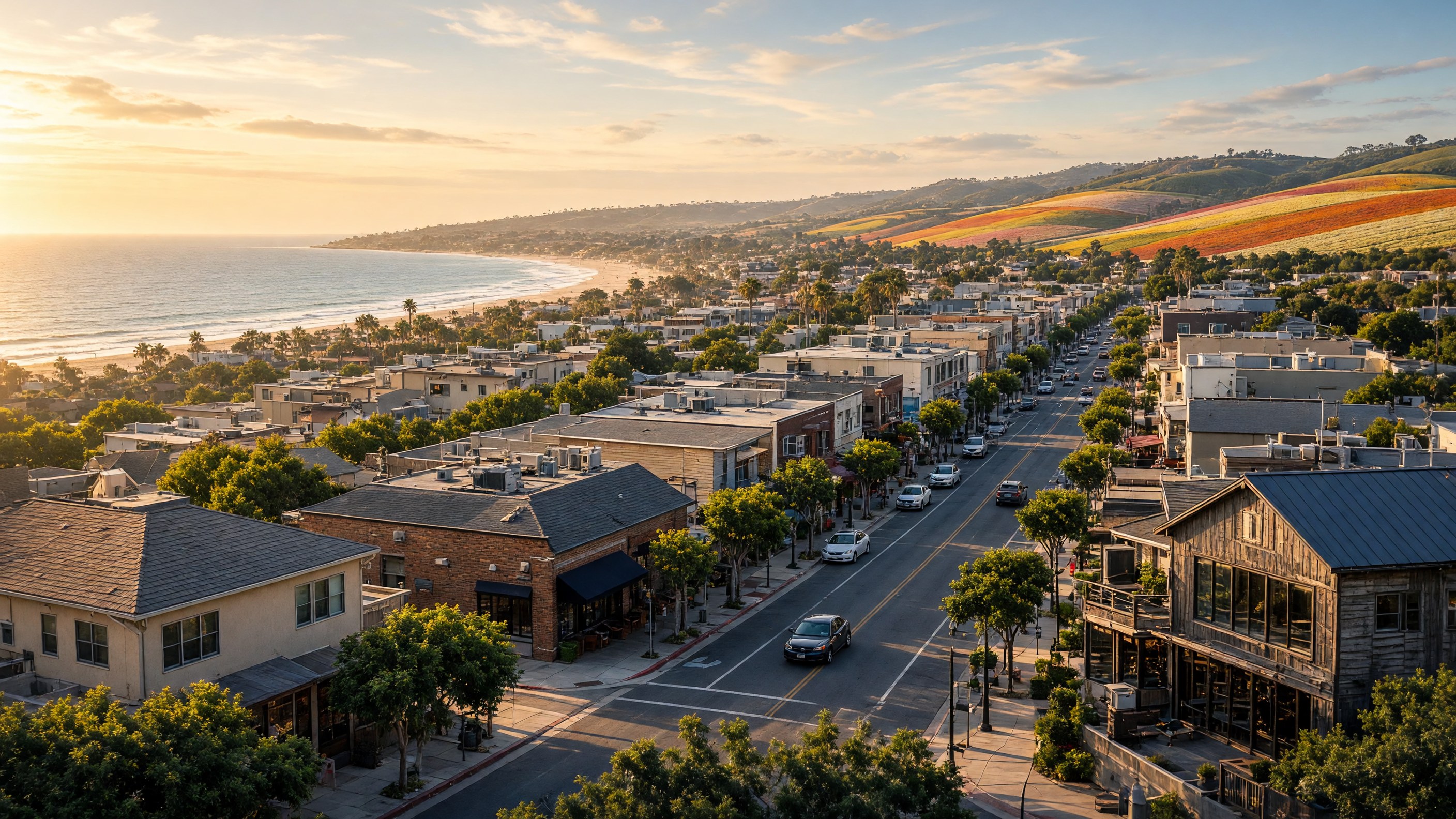 Downtown Carlsbad with Carlsbad State Beach, ranunculus flower fields in the background