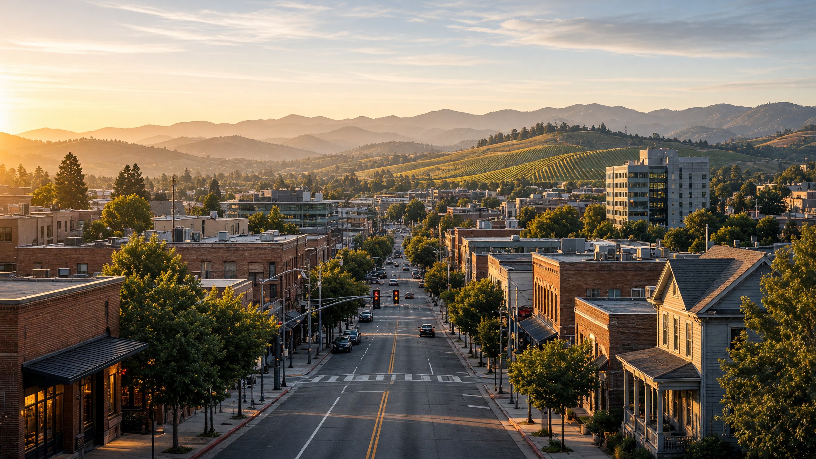 Downtown Santa Rosa with Sonoma County vineyards, rolling hills in the background