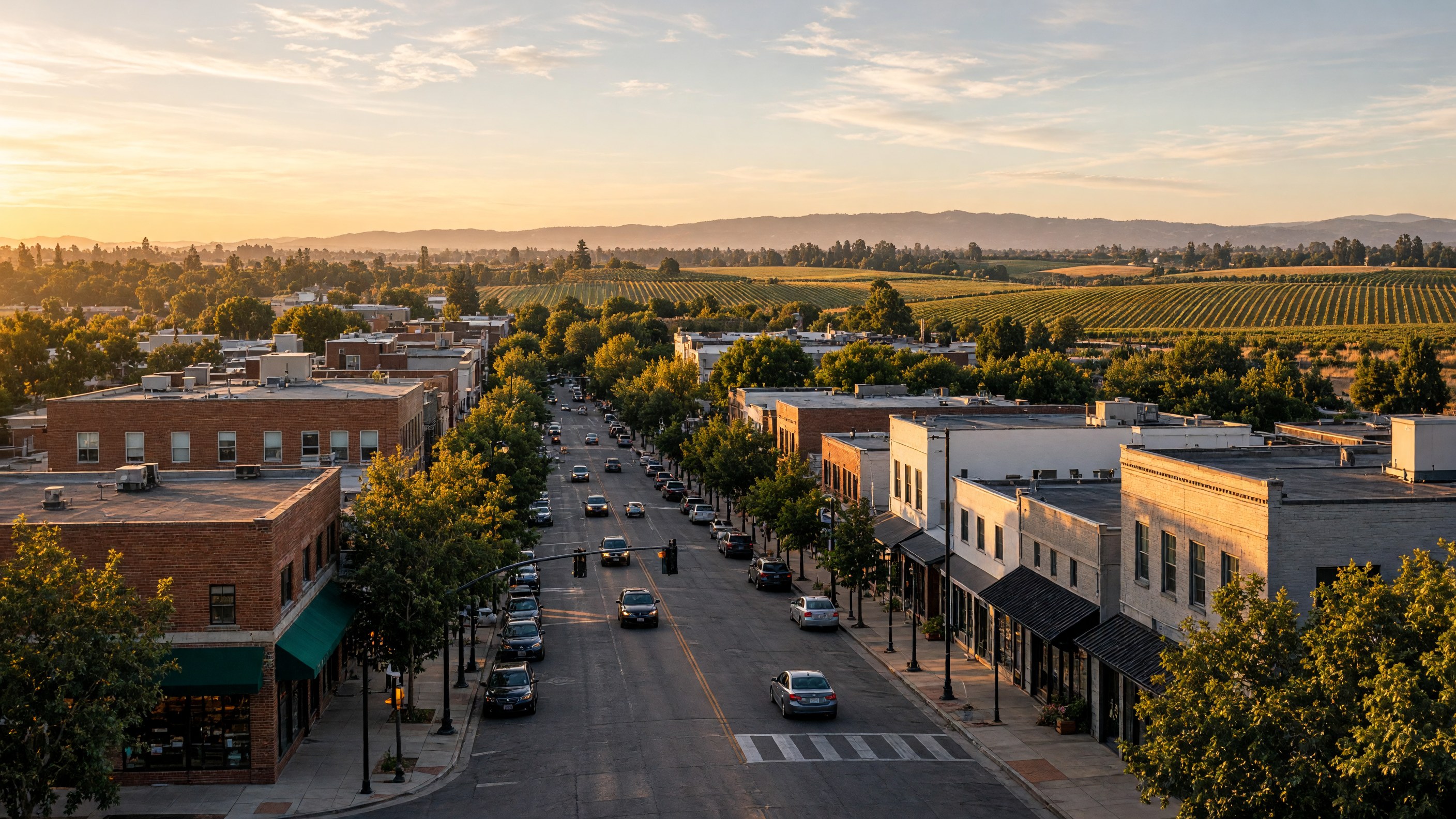 Downtown Lodi with Lodi vineyards in the background