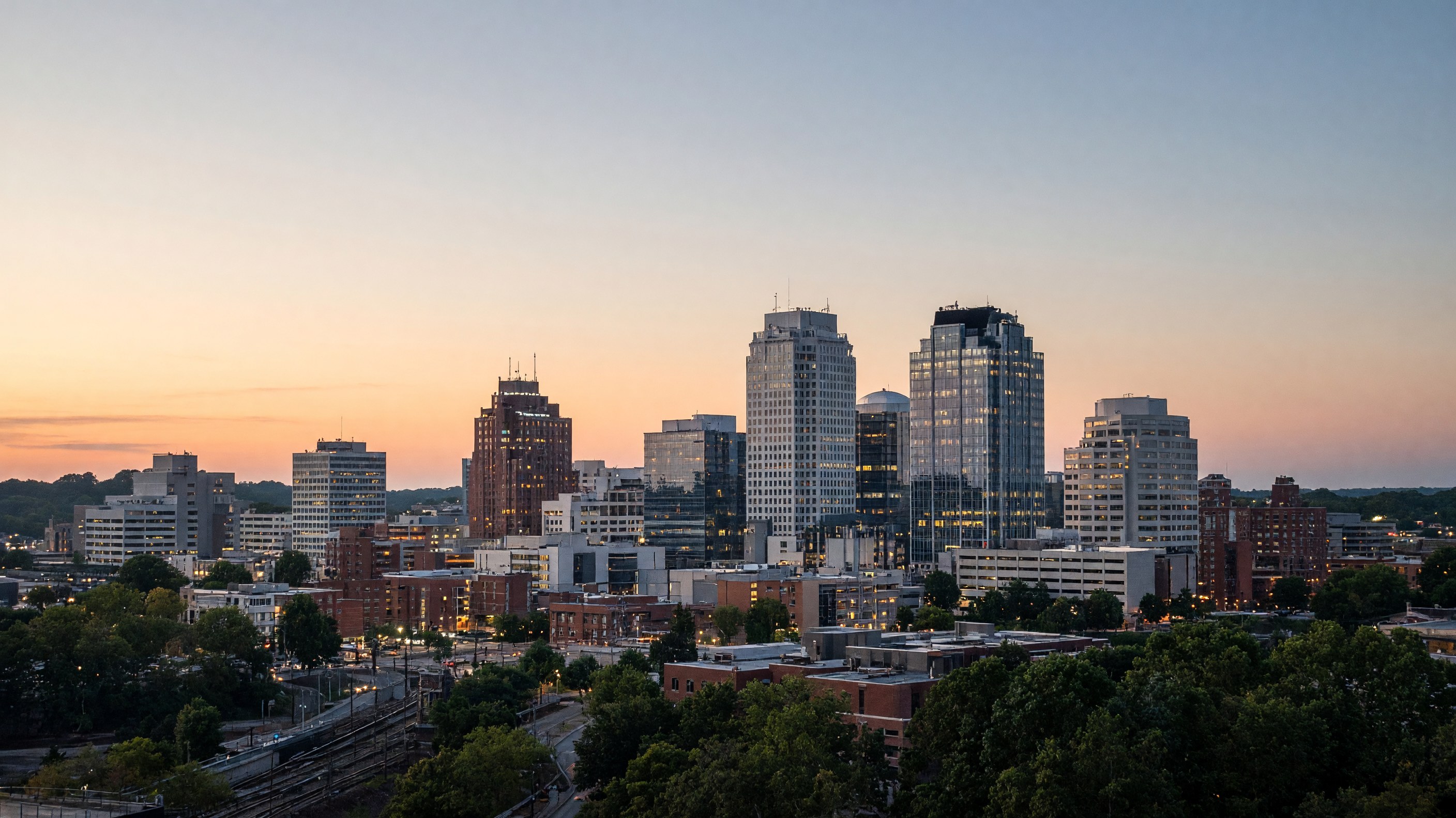 Greensboro skyline at dusk