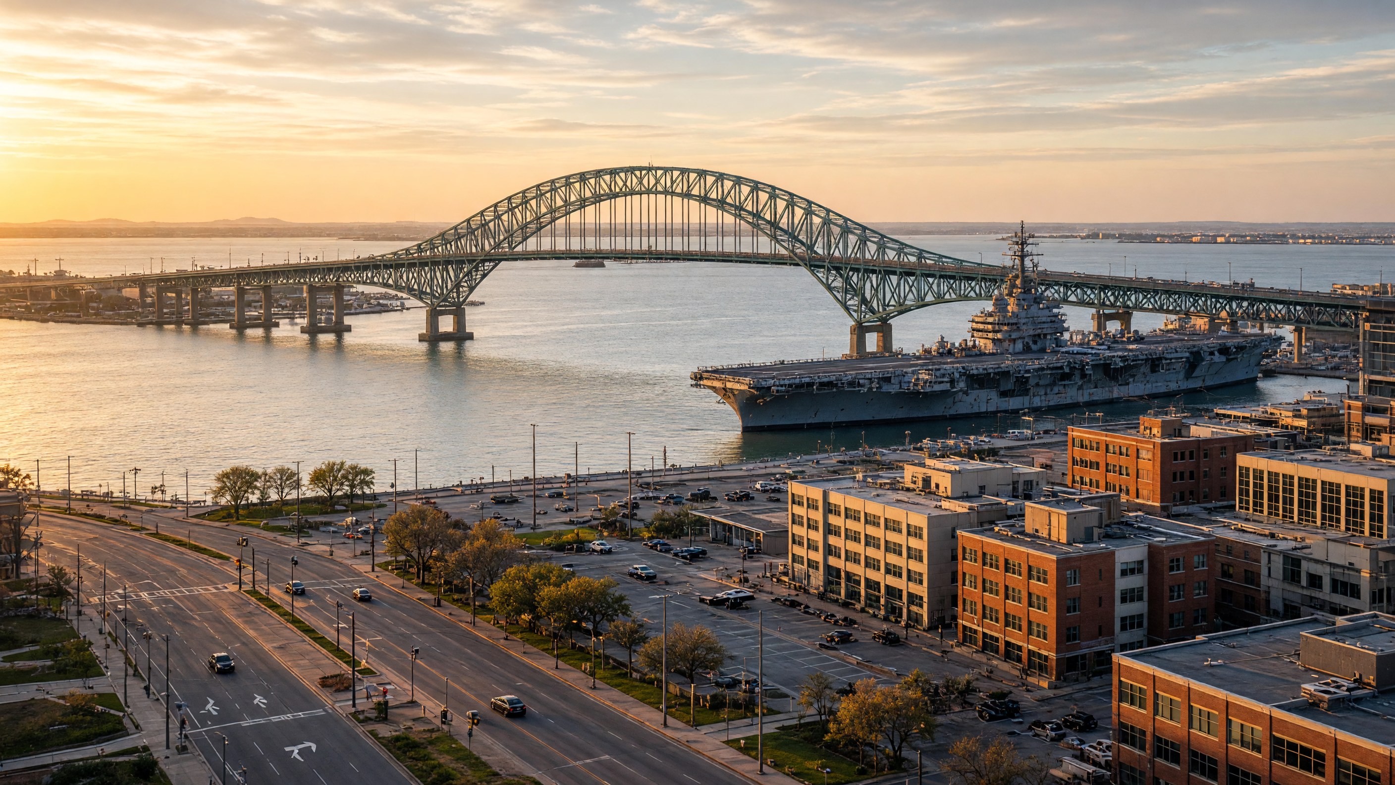 Harbor Bridge, Corpus Christi Bay, USS Lexington in Corpus Christi