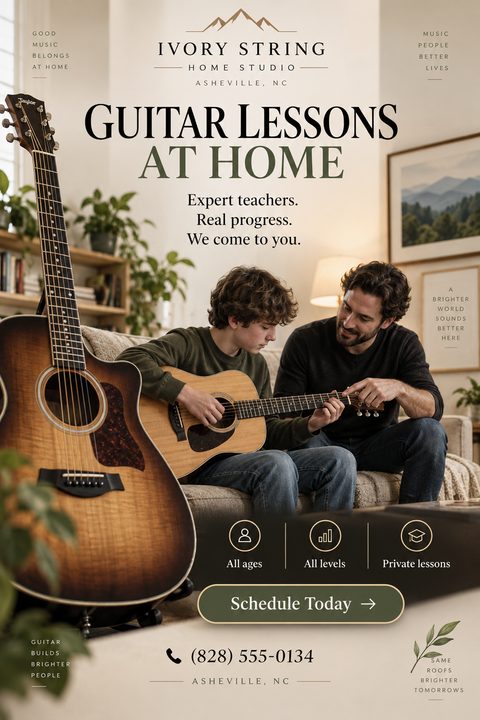 A warm, earthy flyer for in-home guitar lessons featuring a large photo of a teacher guiding a young student on an acoustic guitar in a cozy living room, with elegant serif text.