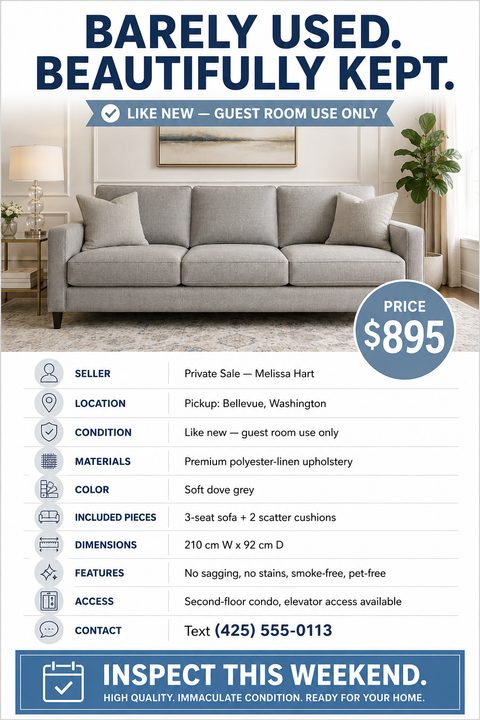 A furniture for sale flyer featuring a large photo of a grey sofa, a blue price badge, and a detailed table with icons listing condition, dimensions, and contact information.