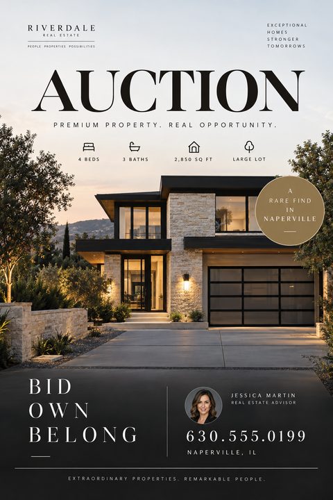 Real estate auction flyer template with a large photo of a modern luxury home at dusk, elegant serif typography, a gold circular badge, and agent contact details at the bottom.