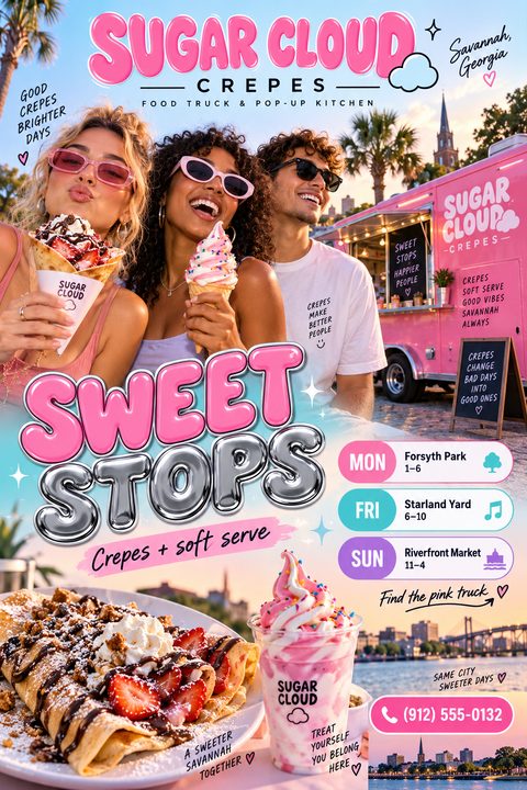 A bright pink flyer for a food truck called Sugar Cloud Crepes. It features photos of people eating crepes and ice cream, a pink food truck, and a schedule of locations for Monday, Friday, and Sunday.