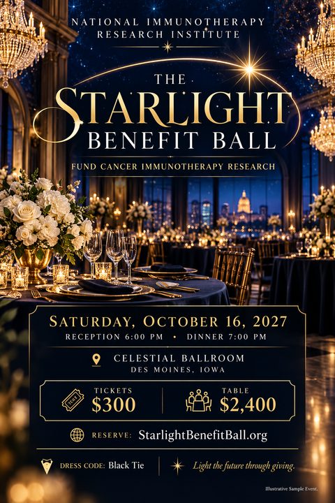 Elegant Starlight Benefit Ball Fundraising Flyer featuring a luxurious ballroom setting with round tables, floral centerpieces, and gold accents against a dark blue background.