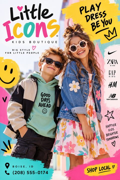 A vibrant flyer for a kids' boutique featuring a photo of a smiling boy and girl in stylish clothes, surrounded by colorful brushstrokes, playful text, and brand logos.