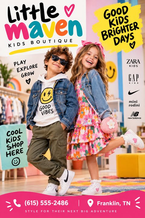 A colorful flyer for a kids boutique featuring a young boy and girl modeling stylish clothes. The text includes 'Little Maven Kids Boutique', 'Good Kids Brighter Days', and lists popular clothing brands.