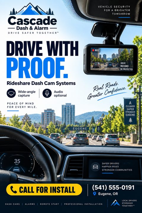 A flyer for dash cam installation services featuring a view from inside a car driving down a city street. A dash cam is mounted on the windshield. Text is in blue and black.