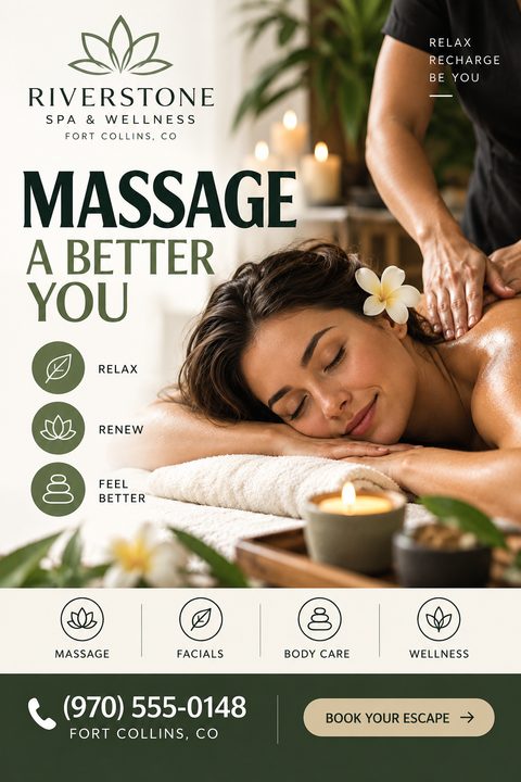 Flyer for a spa and wellness center featuring a woman receiving a back massage. Text reads 'Massage A Better You' with icons for relax, renew, feel better, massage, facials, body care, and wellness.
