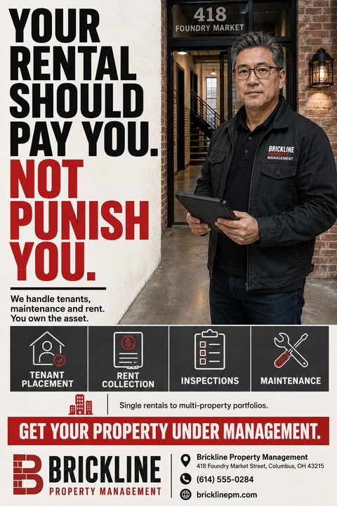 Property management flyer with bold text 'Your rental should pay you. Not punish you.' A man stands holding a tablet. Icons list services: tenant placement, rent collection, inspections, maintenance.