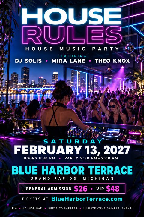 Neon-lit flyer for a house music party featuring a female DJ at a mixing desk overlooking a dancing crowd on a rooftop with a city skyline.