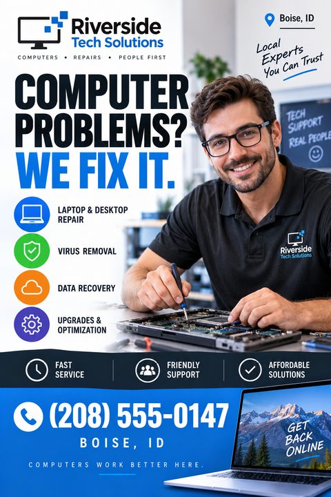 Computer repair flyer template with a photo of a smiling technician fixing a laptop. Bold text reads 'Computer Problems? We Fix It.' Includes icons for laptop repair, virus removal, data recovery, and upgrades.