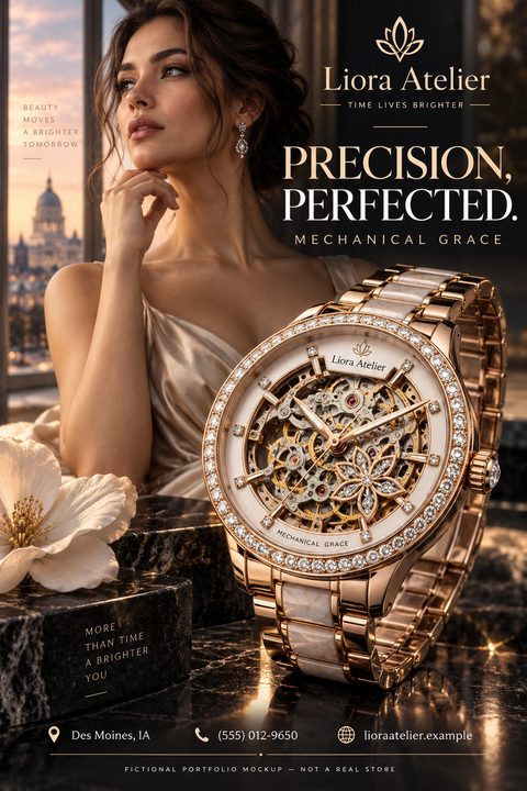 A luxury watch flyer featuring a large, detailed image of a rose gold skeleton watch with diamonds, set against a background of a woman looking out a window at a city skyline. The text reads 'Precision, Perfected. Mechanical Grace.'