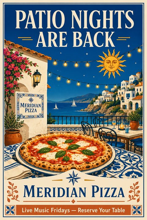Vintage-style illustration of a margherita pizza on a blue-and-white tiled table. The background features a Mediterranean coastal town at twilight with string lights, sailboats, and a stylized sun.