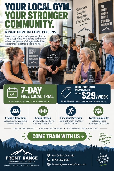 A gym flyer featuring a photo of a coach and members, with green and navy text. It includes boxes for a free trial and pricing, feature icons, and a mountain graphic footer.