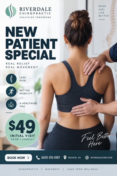 A promotional flyer for a chiropractic clinic featuring a photo of a woman receiving a back adjustment. The design uses navy blue and mint green, highlighting a new patient special for an initial visit.