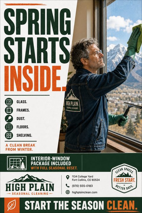 A flyer for a cleaning service featuring a diagonal split layout. Bold green and orange text reads 'Spring Starts Inside.' A large photo shows a man washing a window with mountains behind.