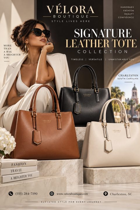 A luxury fashion flyer featuring a model in sunglasses and a white suit alongside three leather tote bags in brown, black, and cream, displayed on marble pedestals with elegant gold typography.
