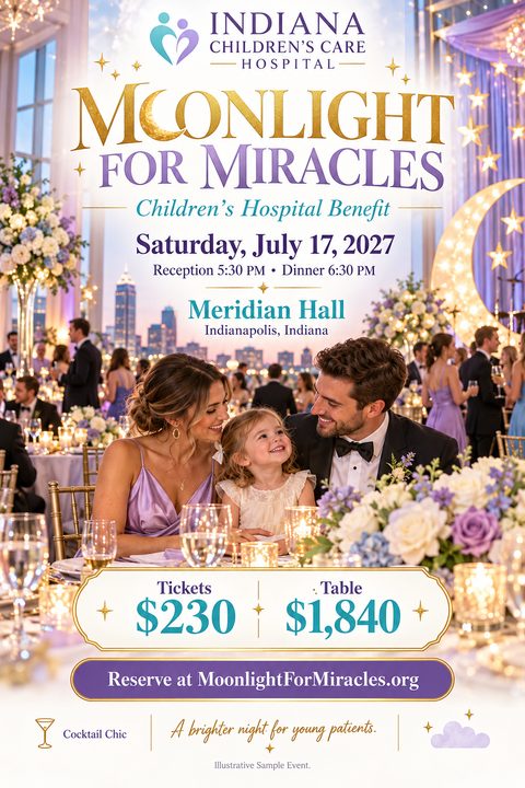 Elegant charity gala flyer template with a photo of a family at a formal dinner, gold text, and event details.